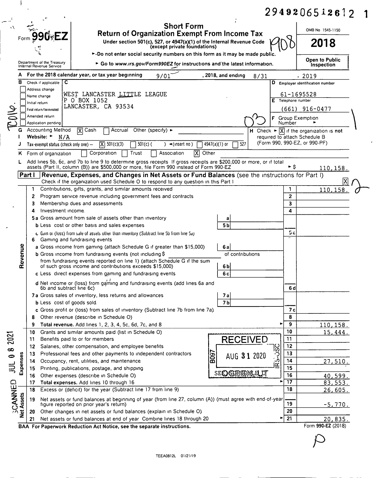 Image of first page of 2018 Form 990EZ for Little League Baseball - 4055108 West Lancaster LL