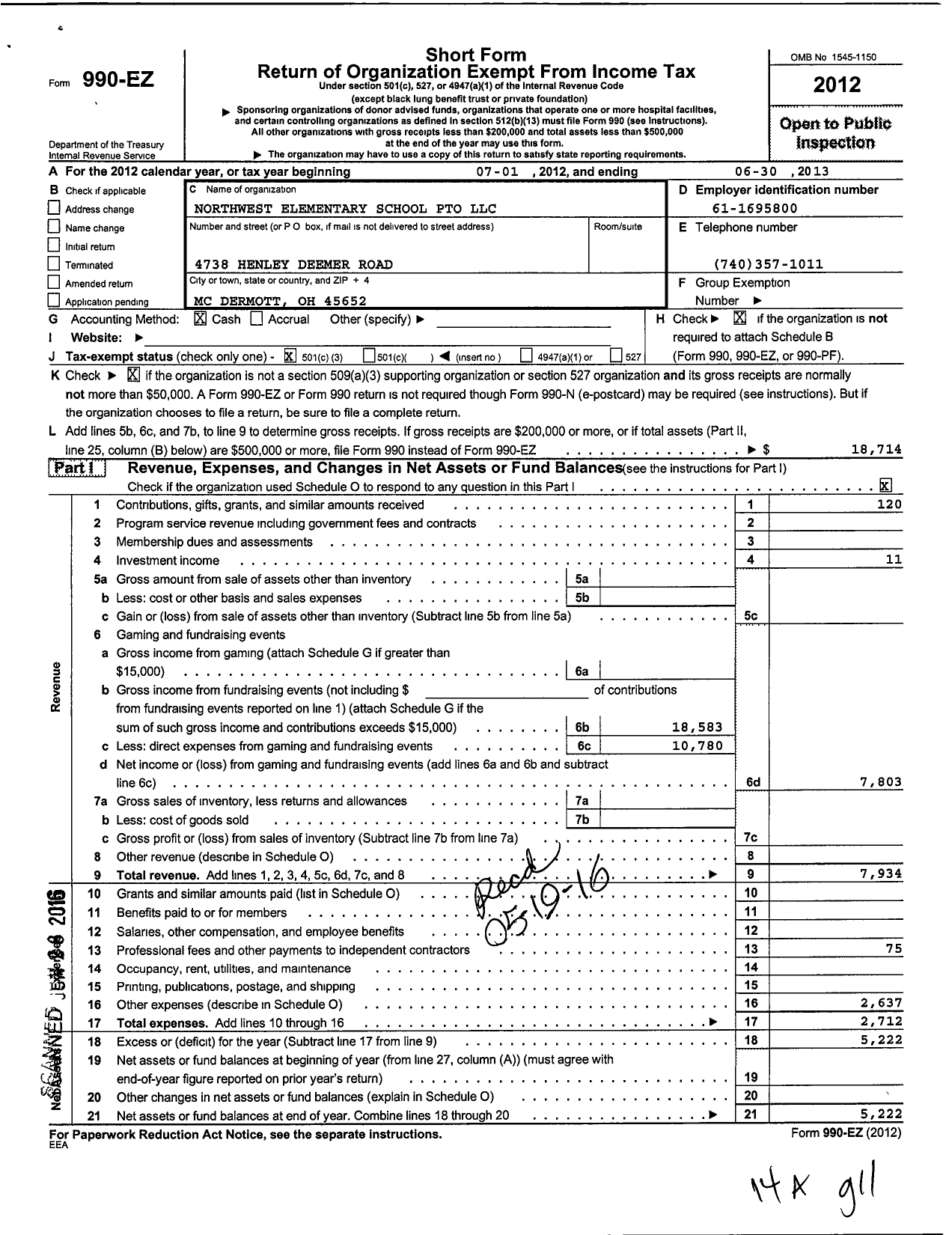 Image of first page of 2012 Form 990EZ for Northwest Elementary School Pto LLC