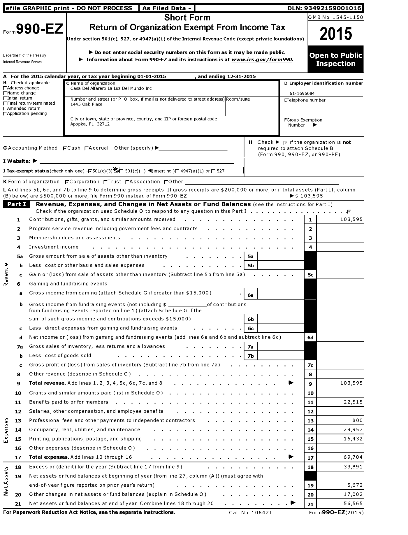 Image of first page of 2015 Form 990EZ for Casa Del Alfarero La Luz Del Mundo