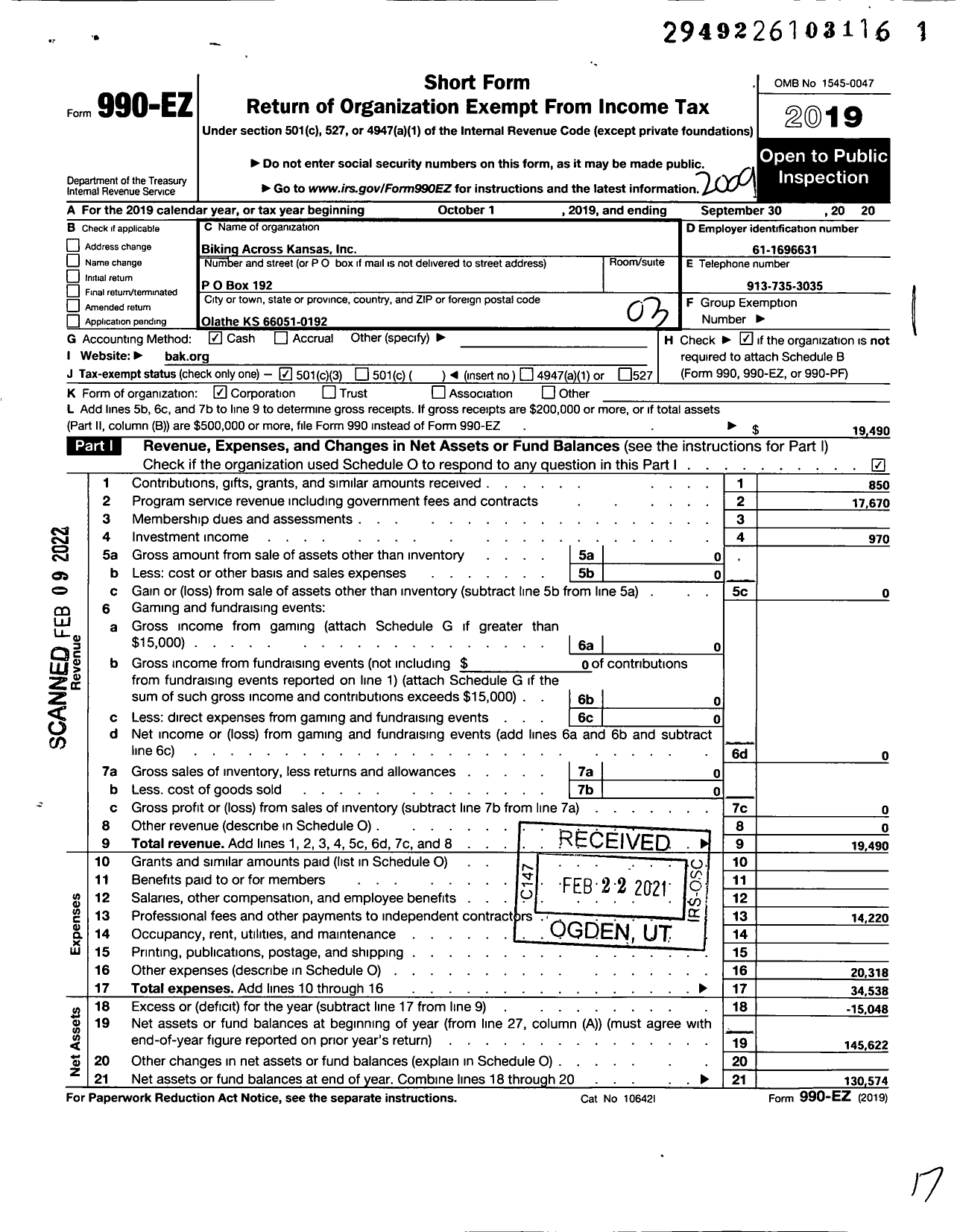 Image of first page of 2019 Form 990EZ for Biking Across Kansas