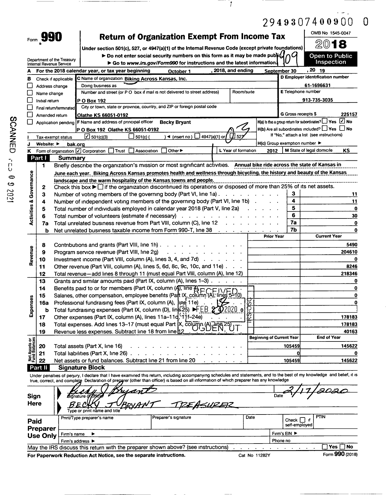 Image of first page of 2018 Form 990 for Biking Across Kansas