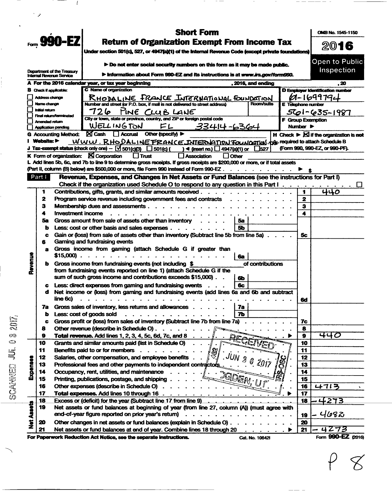 Image of first page of 2016 Form 990EZ for Rhodaline France International Foundation