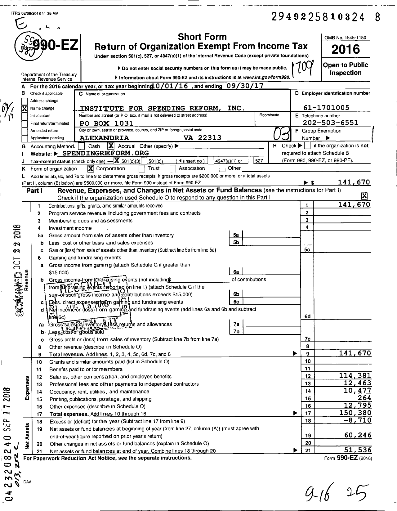 Image of first page of 2016 Form 990EZ for Institute for Spending Reform