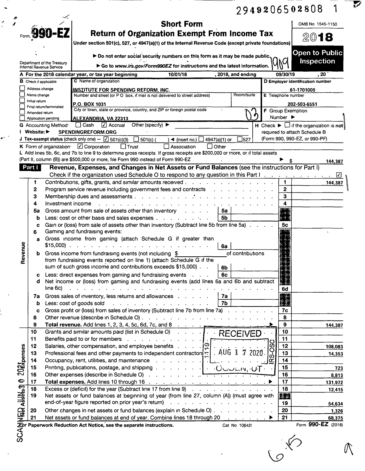 Image of first page of 2018 Form 990EZ for Institute for Spending Reform