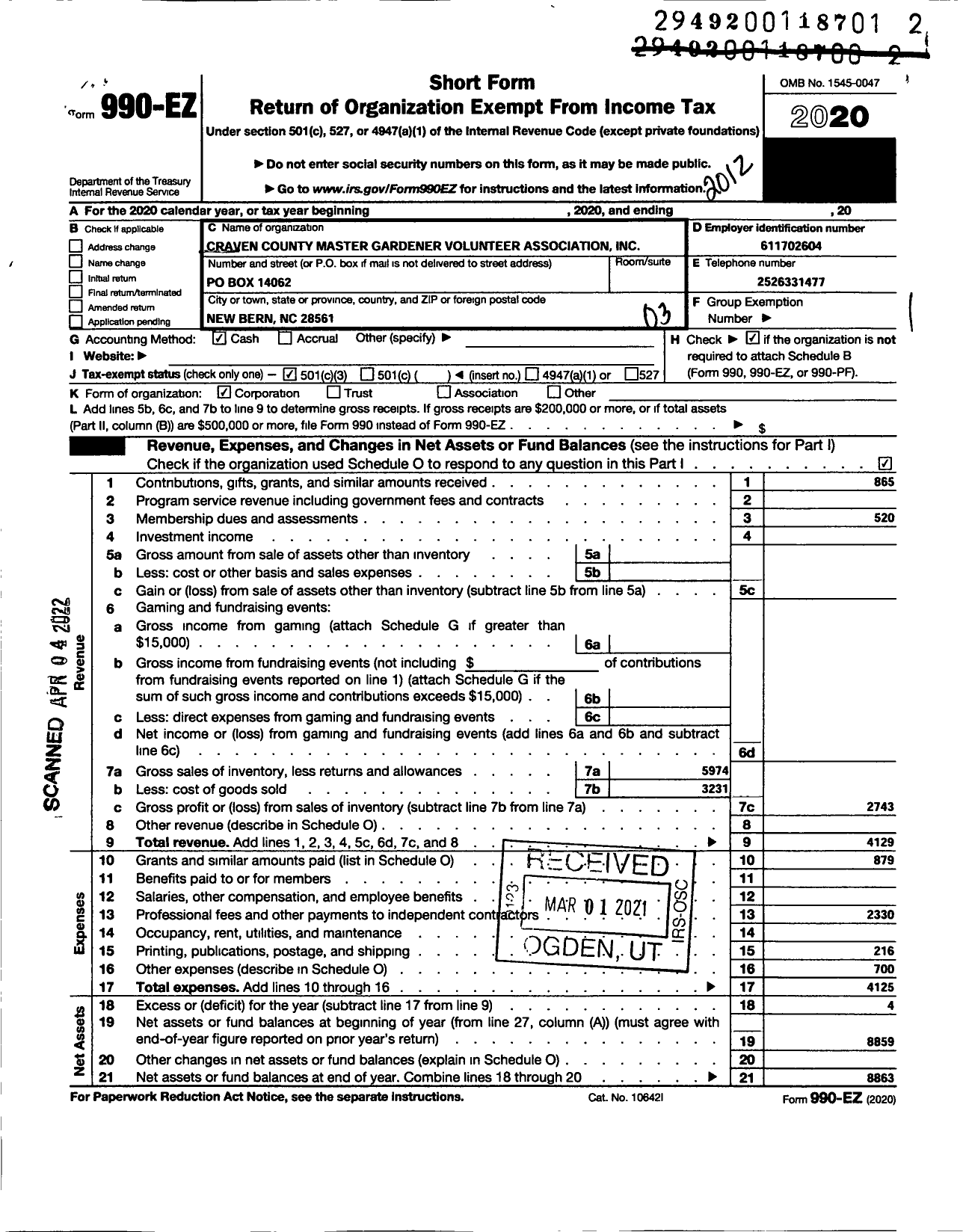 Image of first page of 2020 Form 990EZ for Craven County Master Gardener Volunteer Association