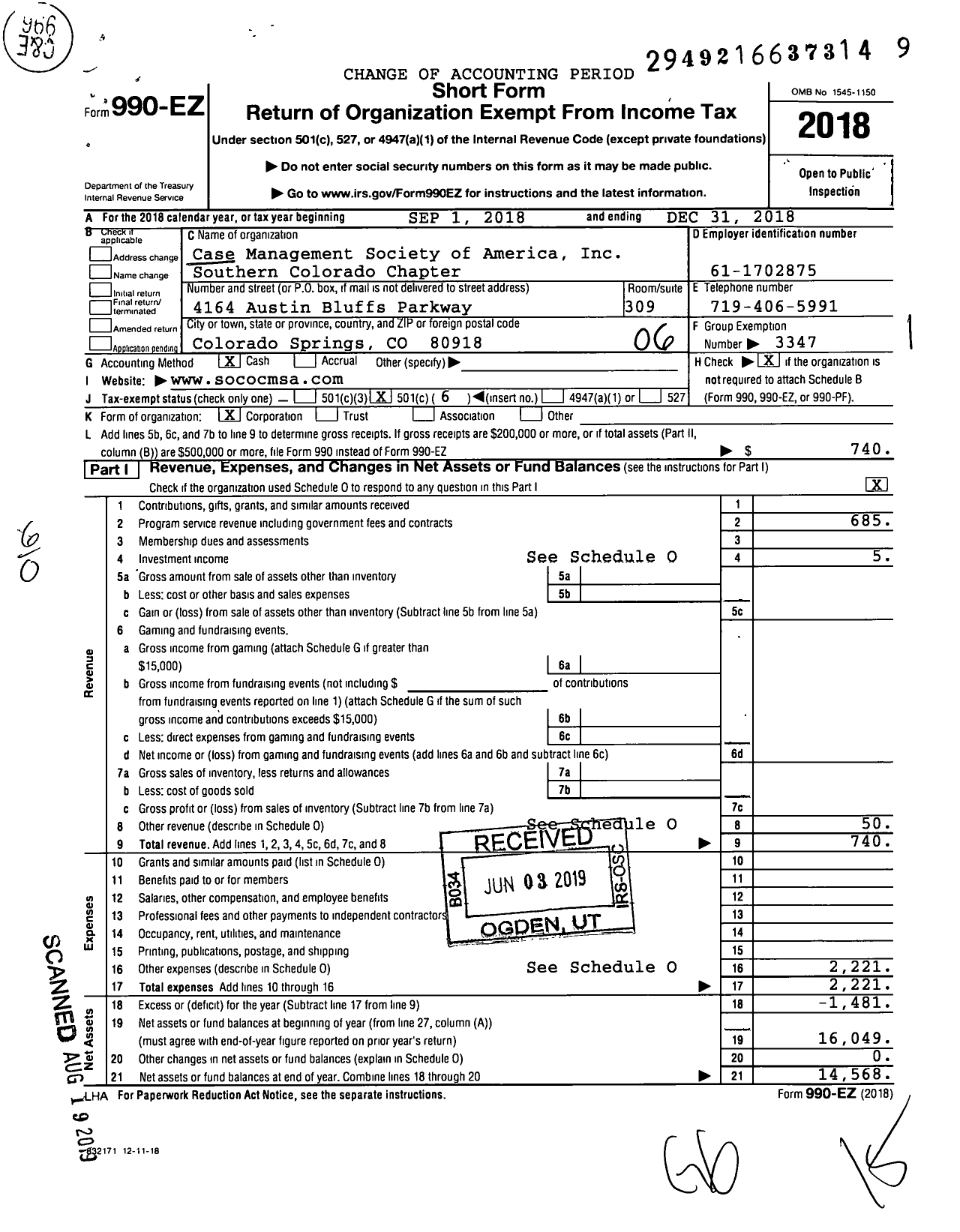 Image of first page of 2018 Form 990EO for Case Management Society of America / Southern Colorado Cmsa