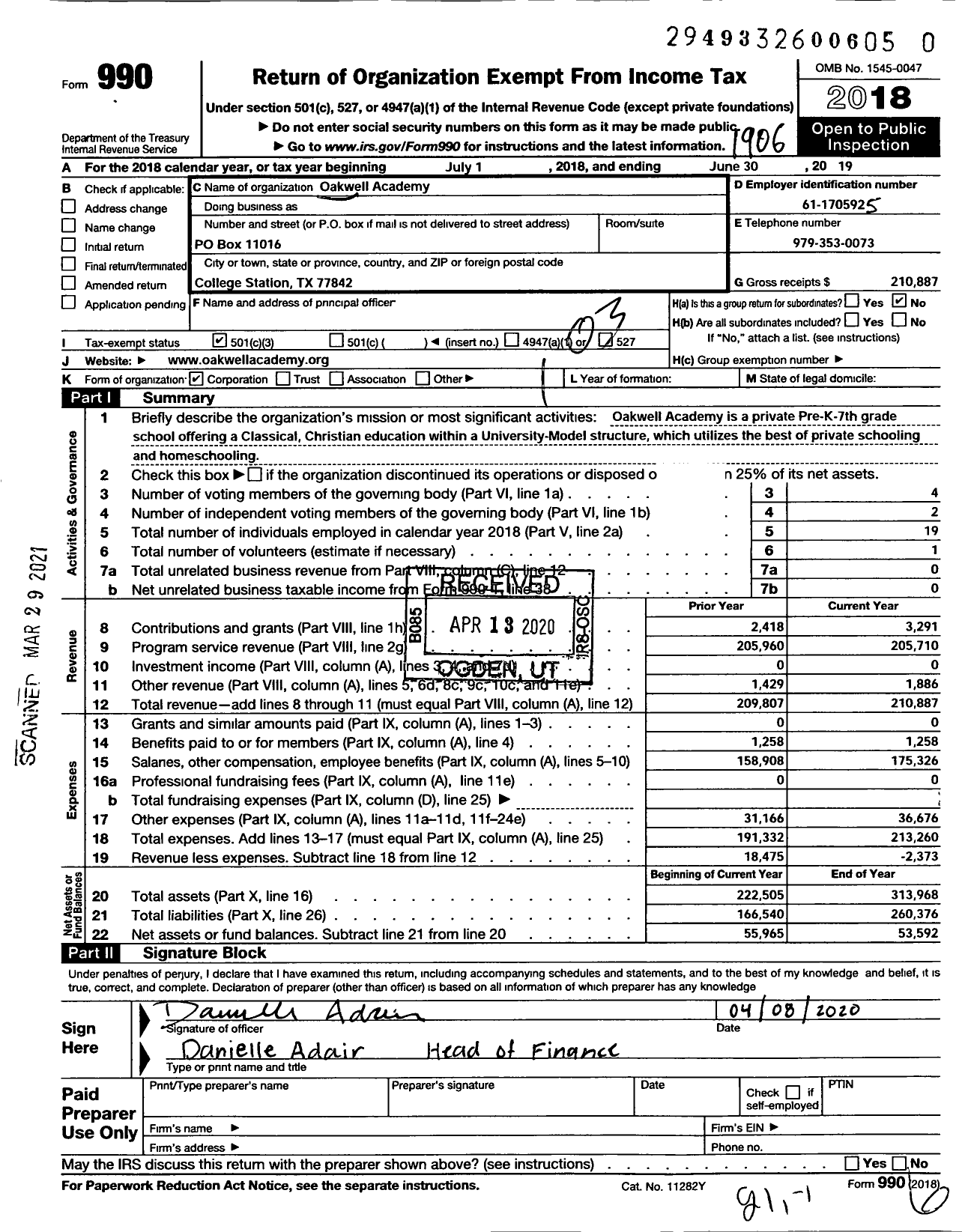 Image of first page of 2018 Form 990 for School / Oakwell Academy