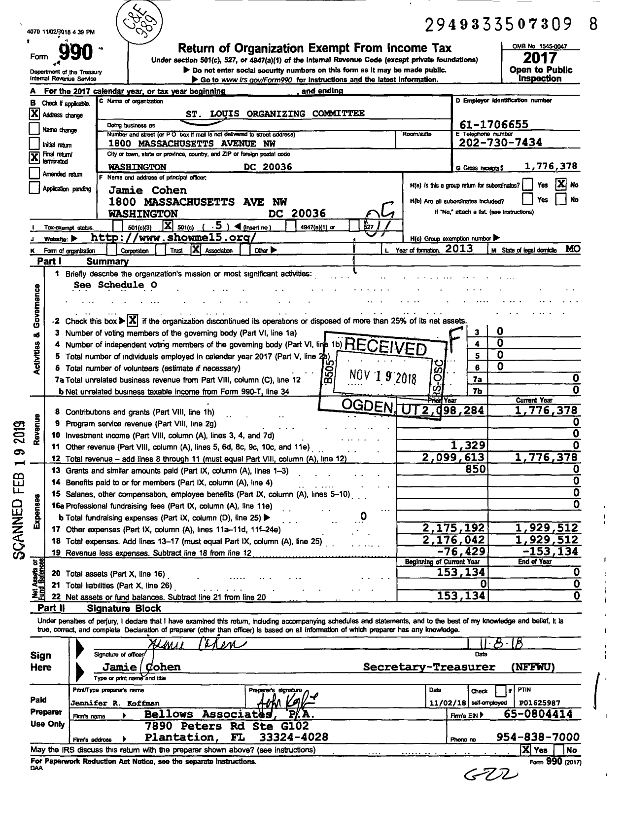 Image of first page of 2017 Form 990O for St Louis Organizing Committee