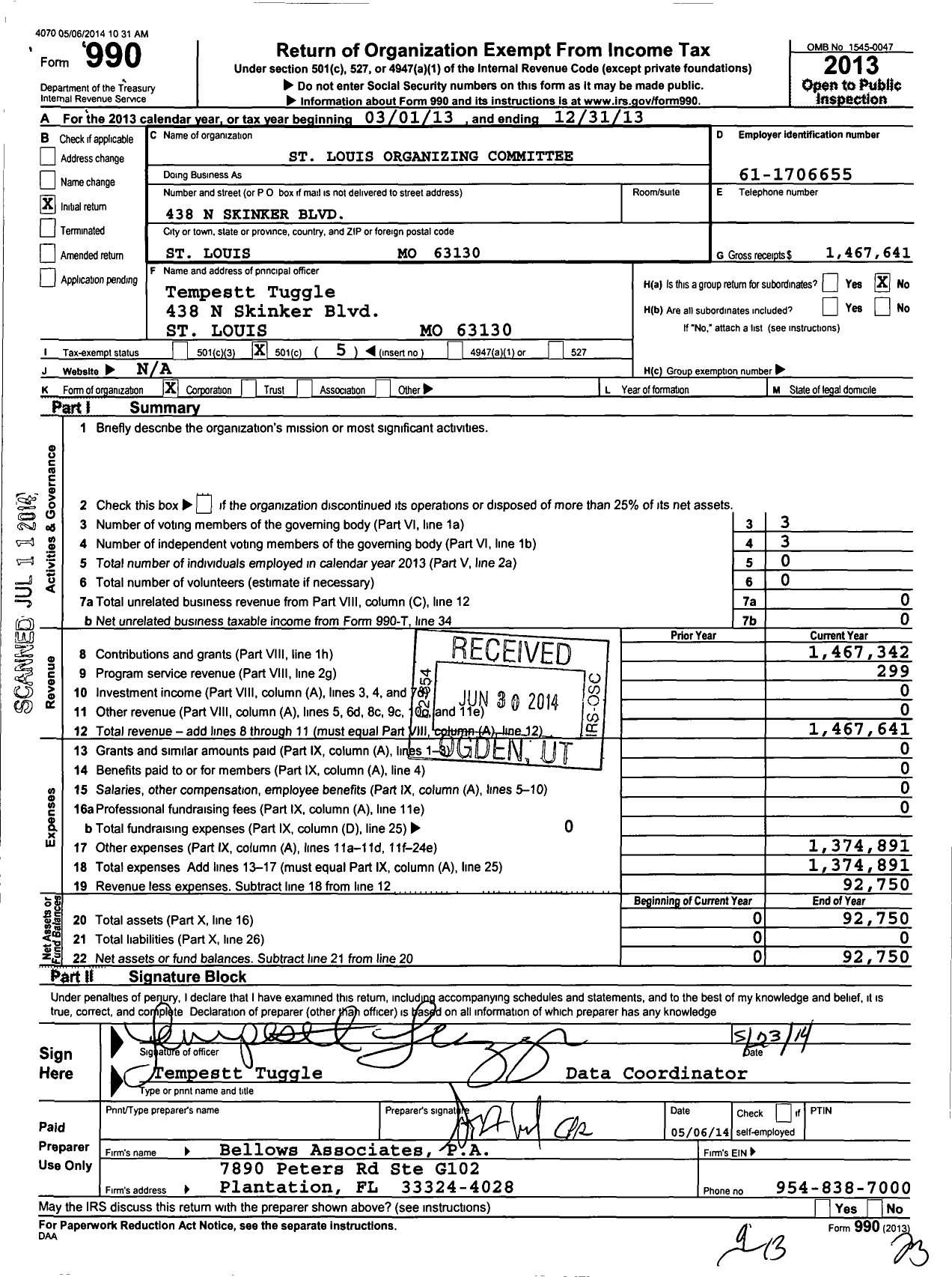 Image of first page of 2013 Form 990O for St Louis Organizing Committee