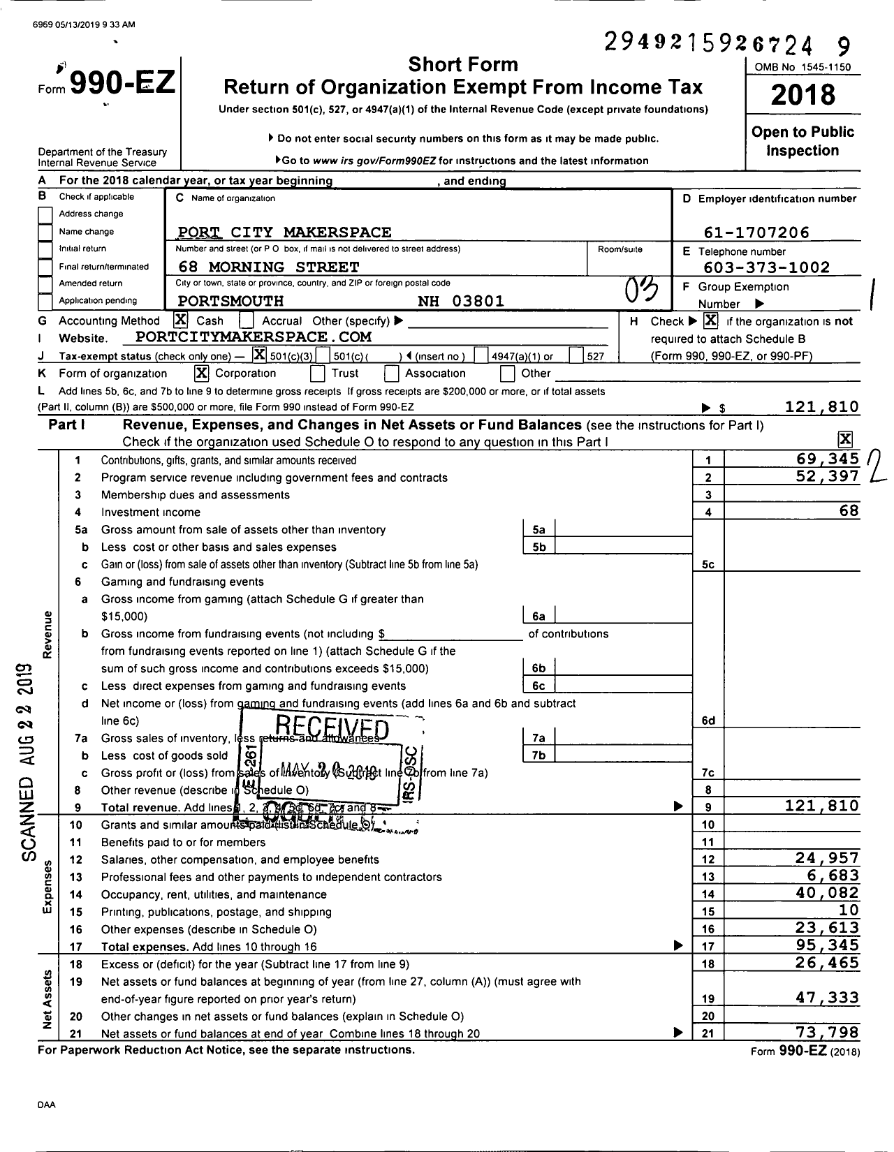 Image of first page of 2018 Form 990EZ for Port City Makerspace