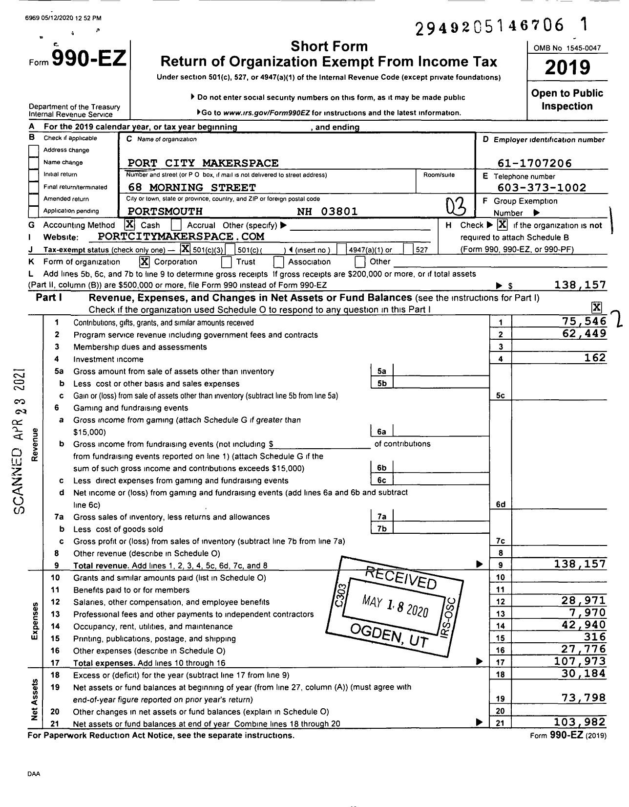 Image of first page of 2019 Form 990EZ for Port City Makerspace