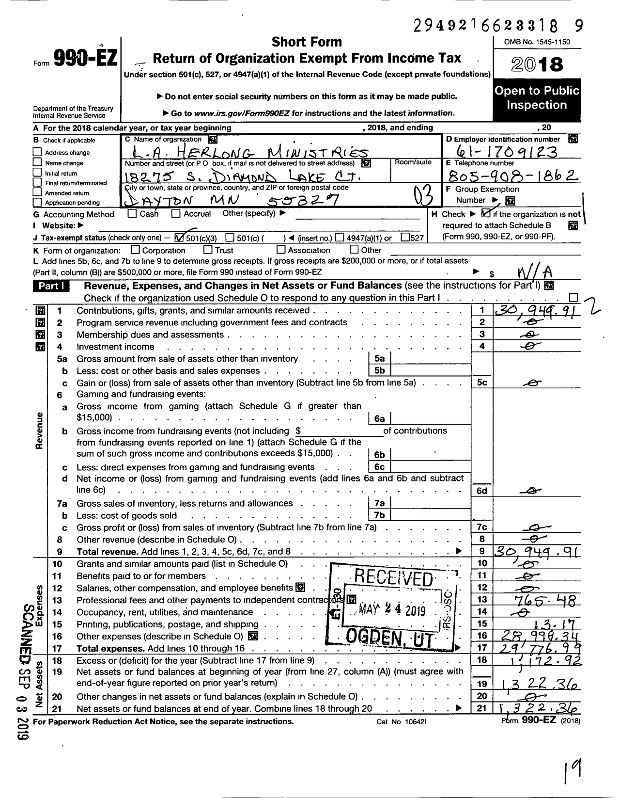 Image of first page of 2018 Form 990EZ for LA Herlong Ministries