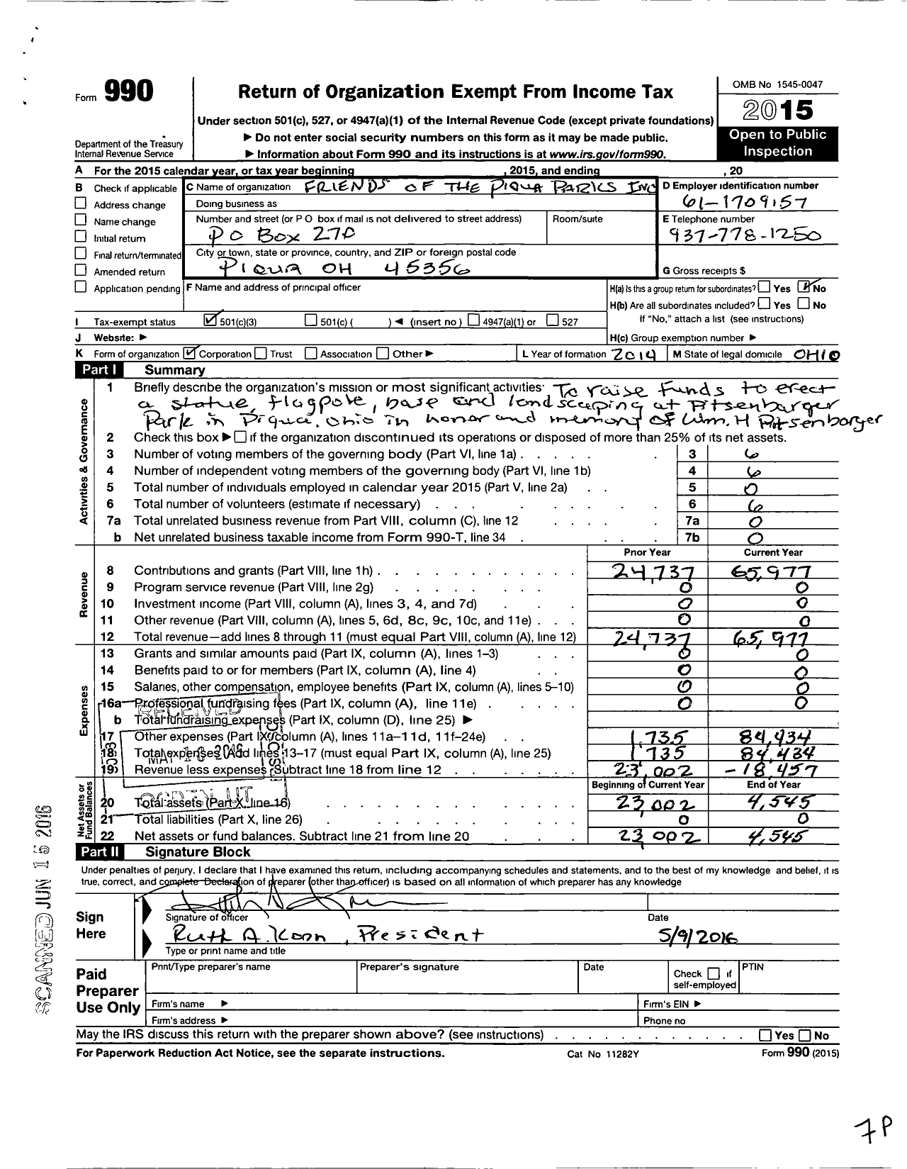 Image of first page of 2015 Form 990 for Friends of Piqua Parks