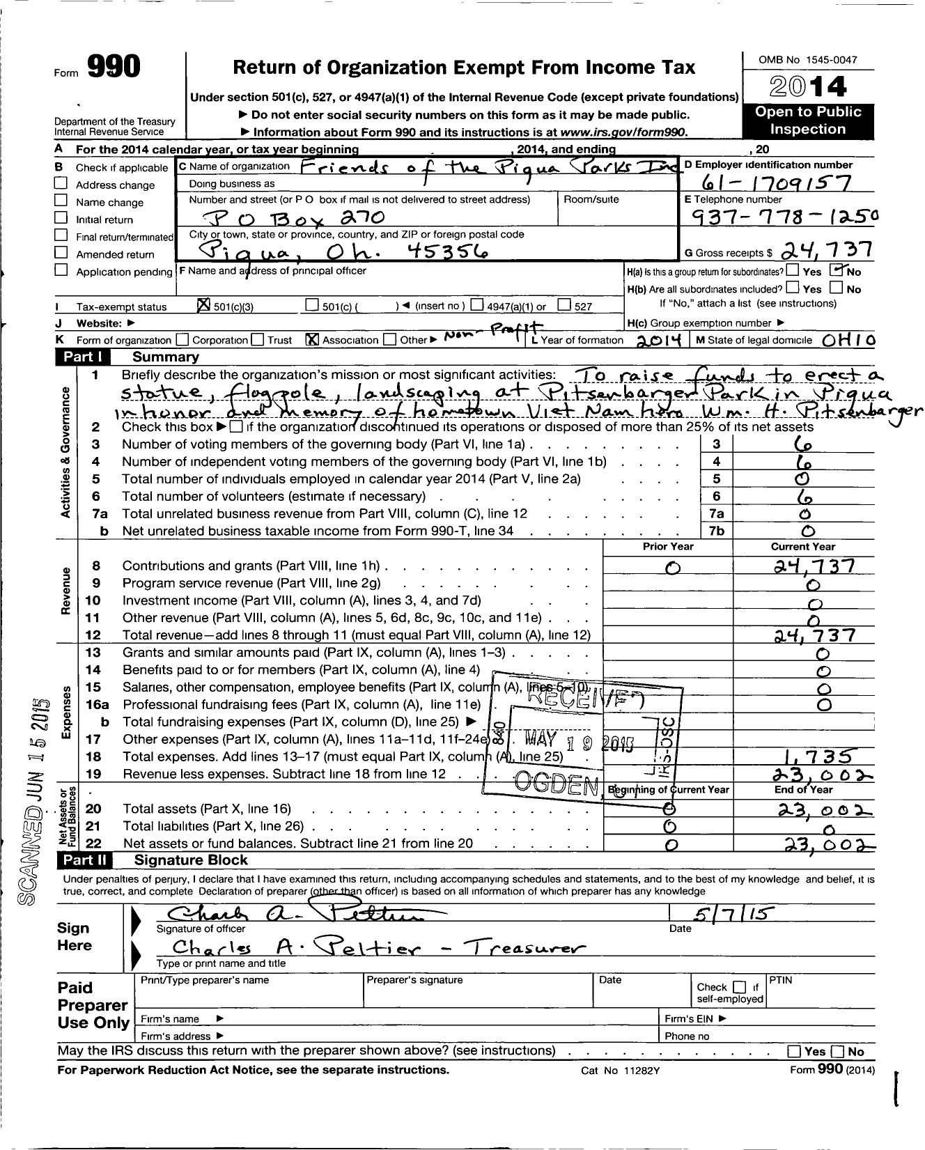 Image of first page of 2014 Form 990 for Friends of Piqua Parks