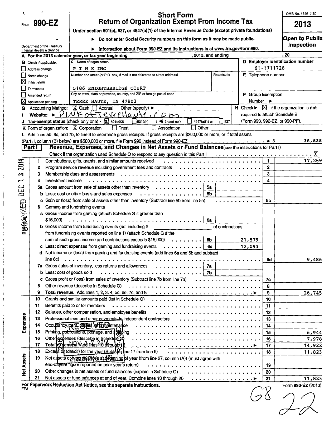 Image of first page of 2013 Form 990EZ for Pink