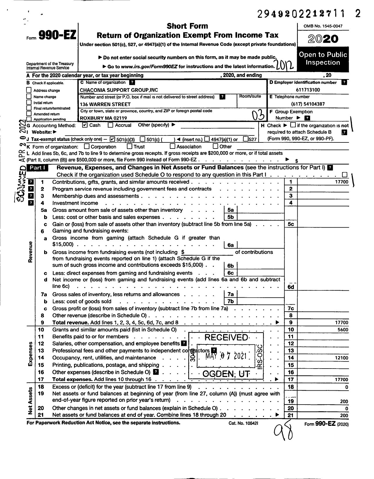 Image of first page of 2020 Form 990EZ for Chaconia Support Group