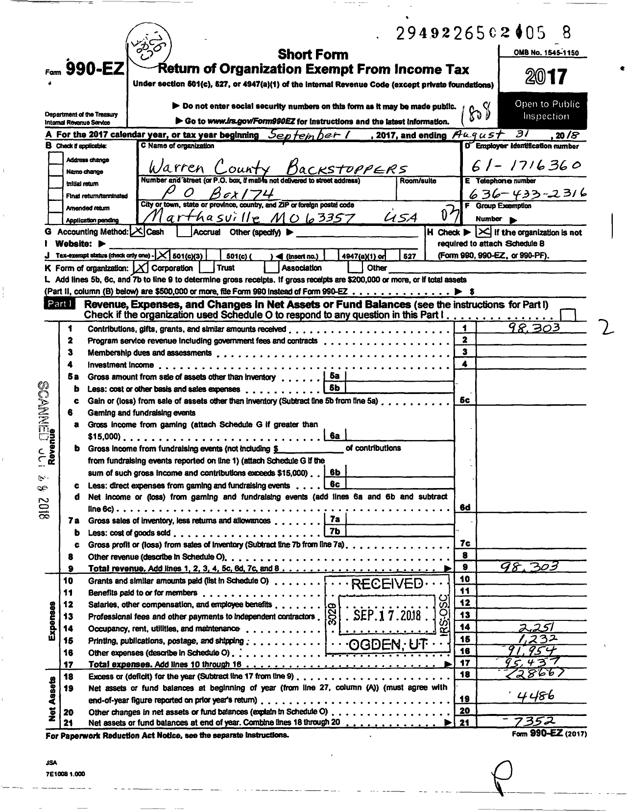 Image of first page of 2017 Form 990EZ for Warren County Backstoppers