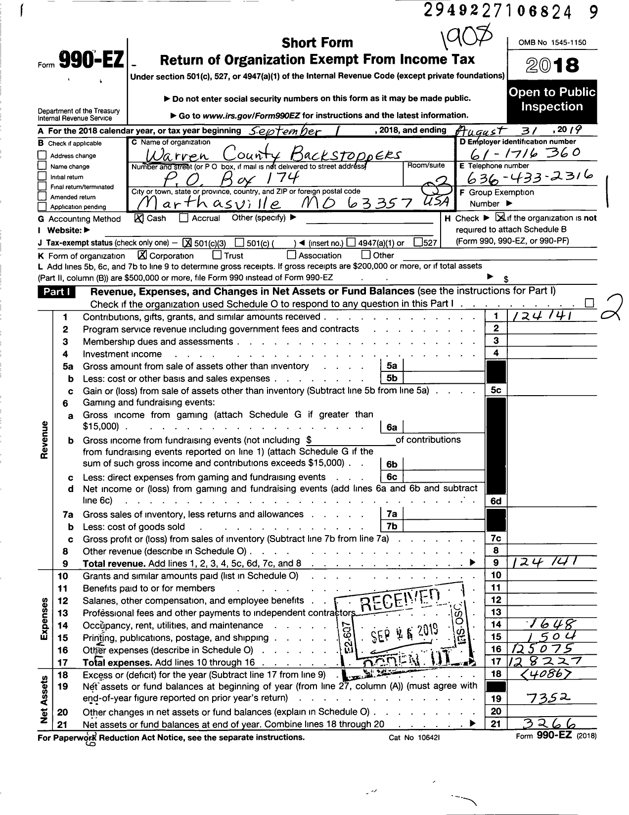 Image of first page of 2018 Form 990EZ for Warren County Backstoppers