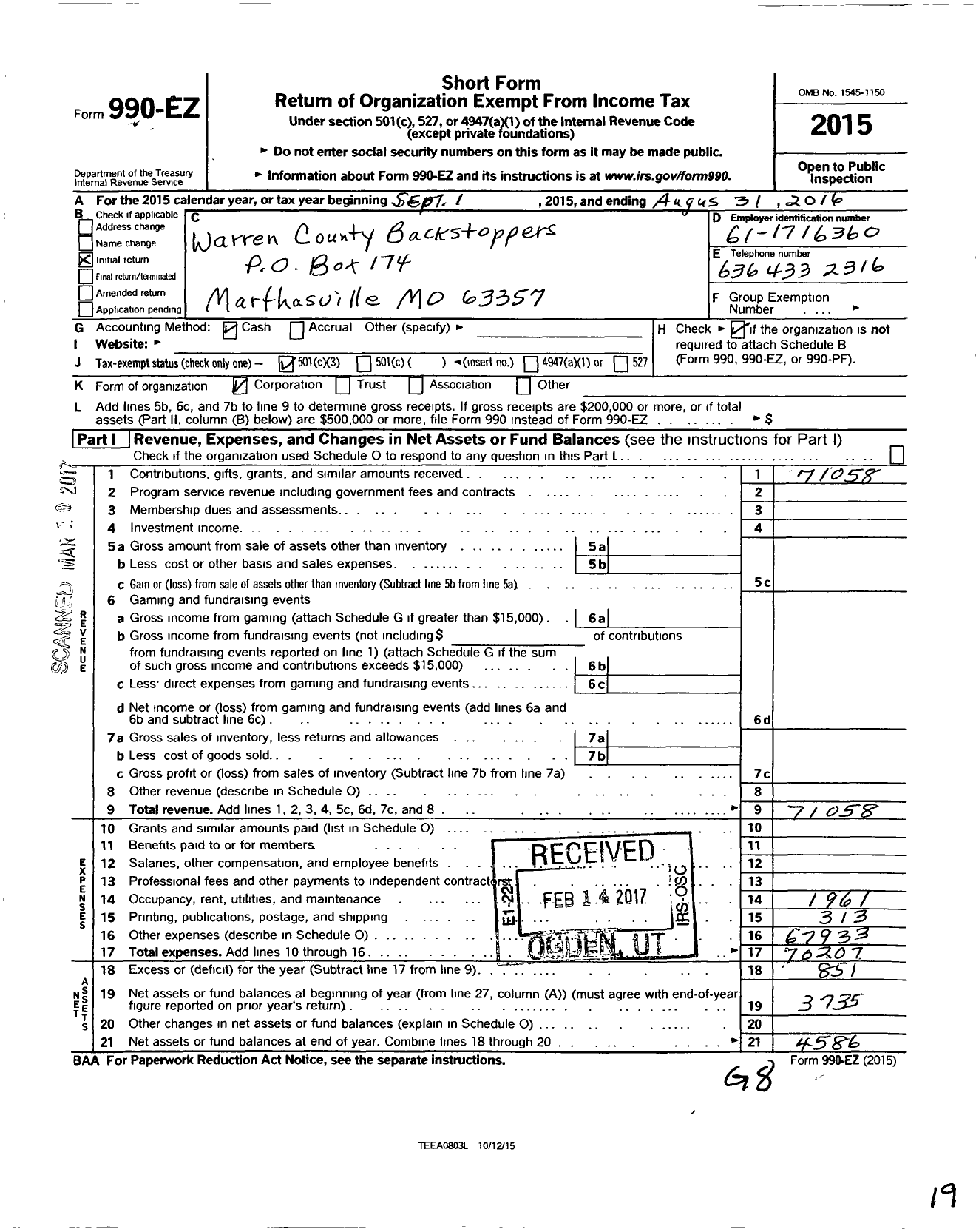 Image of first page of 2015 Form 990EZ for Warren County Backstoppers