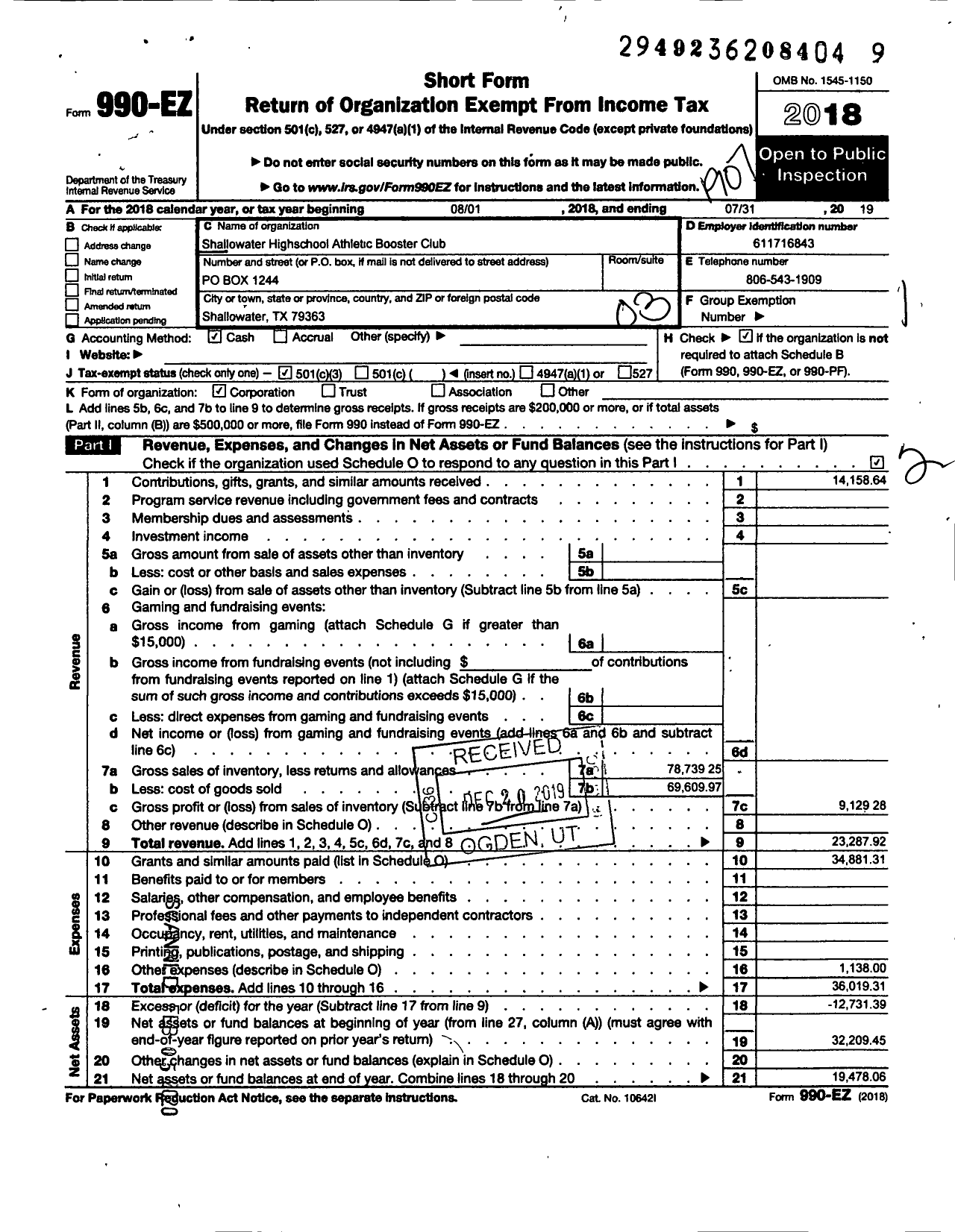 Image of first page of 2018 Form 990EZ for Shallowater Highschool School Athletics Booster Club