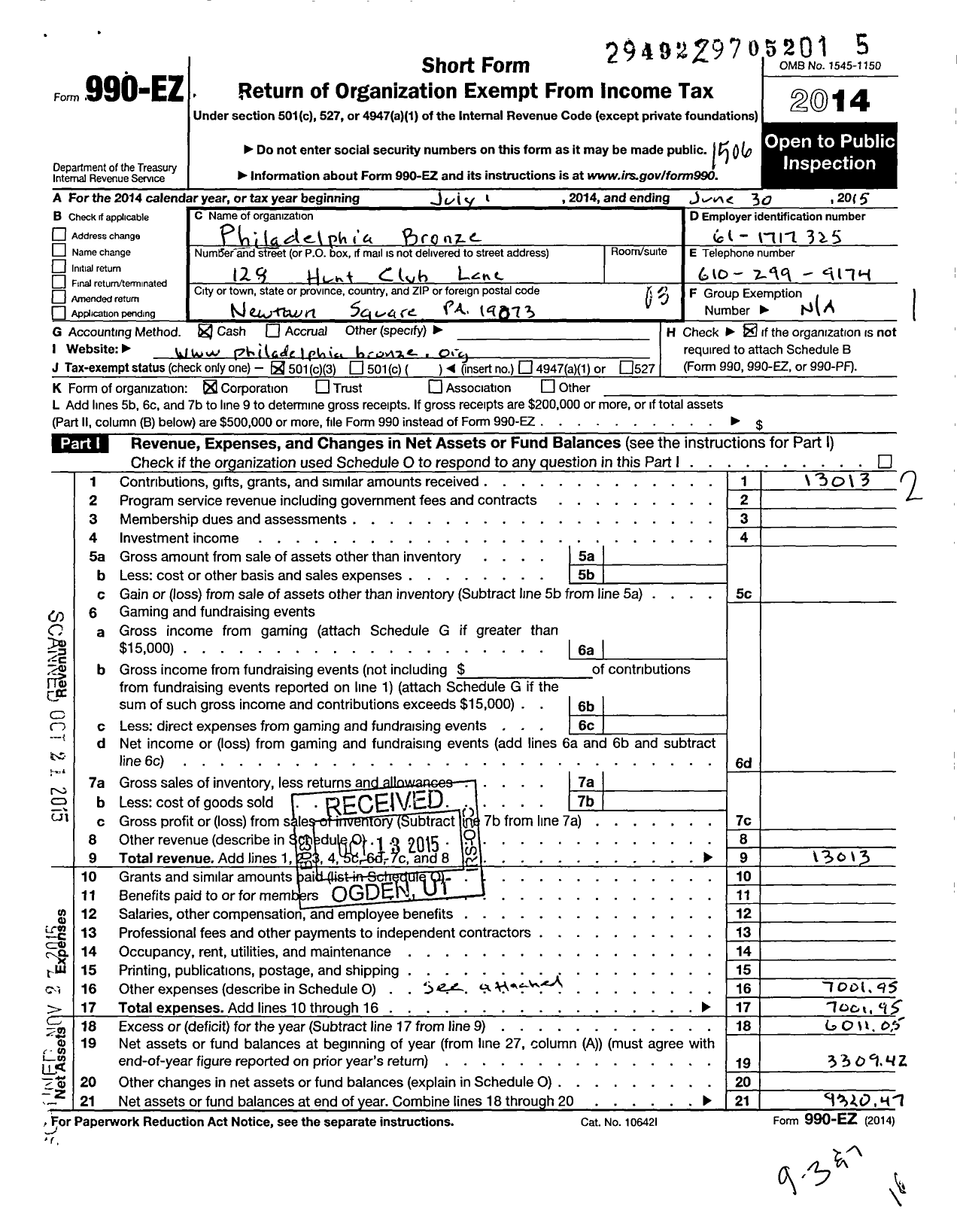 Image of first page of 2014 Form 990EZ for Philadelphia Bronze