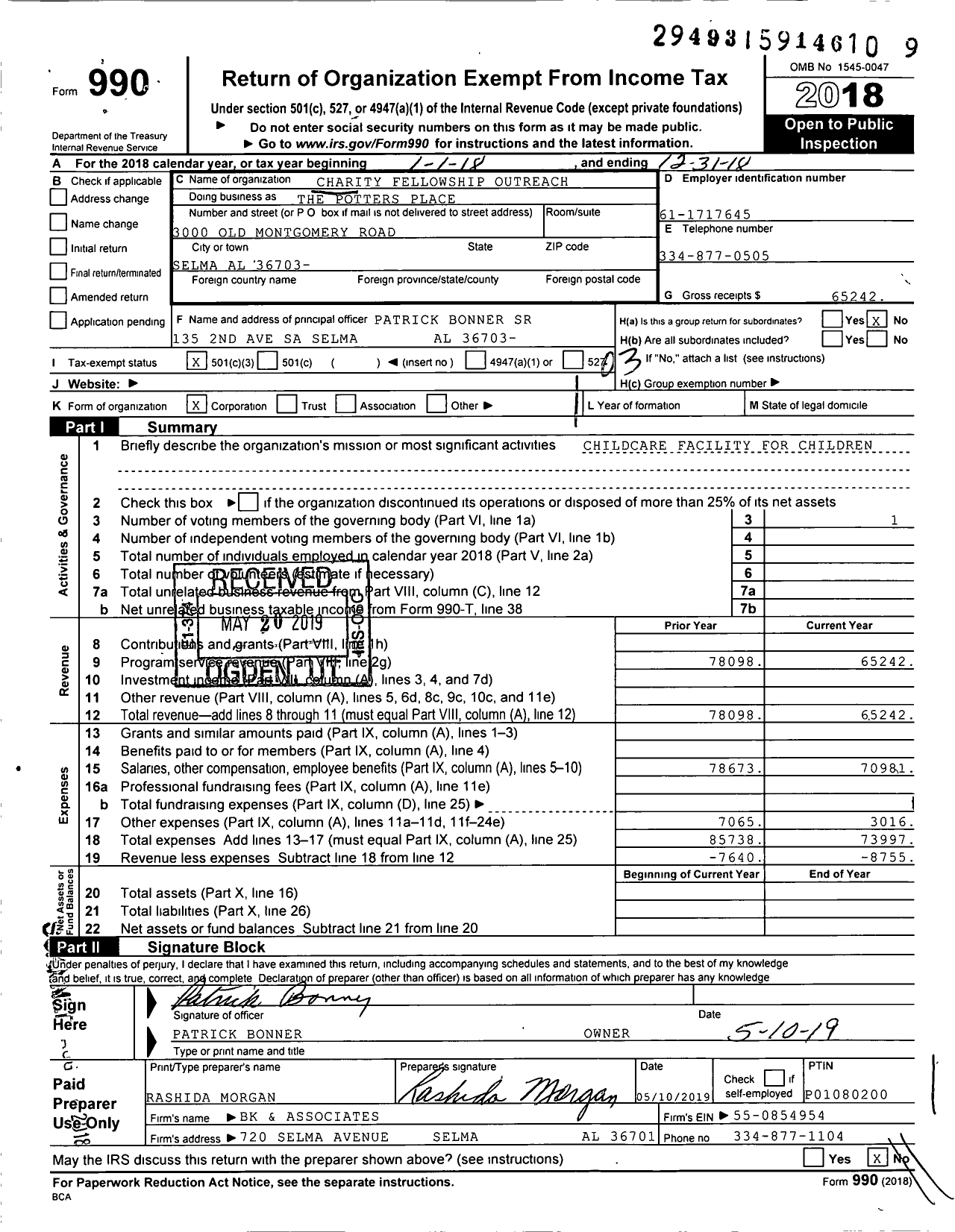 Image of first page of 2018 Form 990 for Charity Fellowship Outreach Patrick Bonner