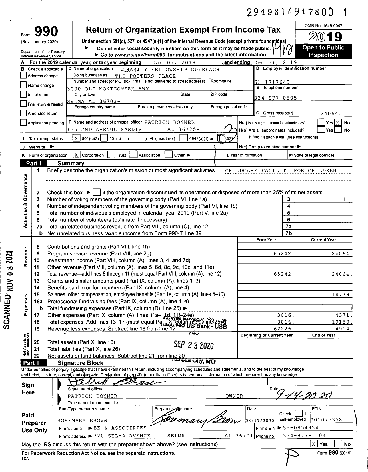 Image of first page of 2019 Form 990 for Charity Fellowship Outreach Patrick Bonner