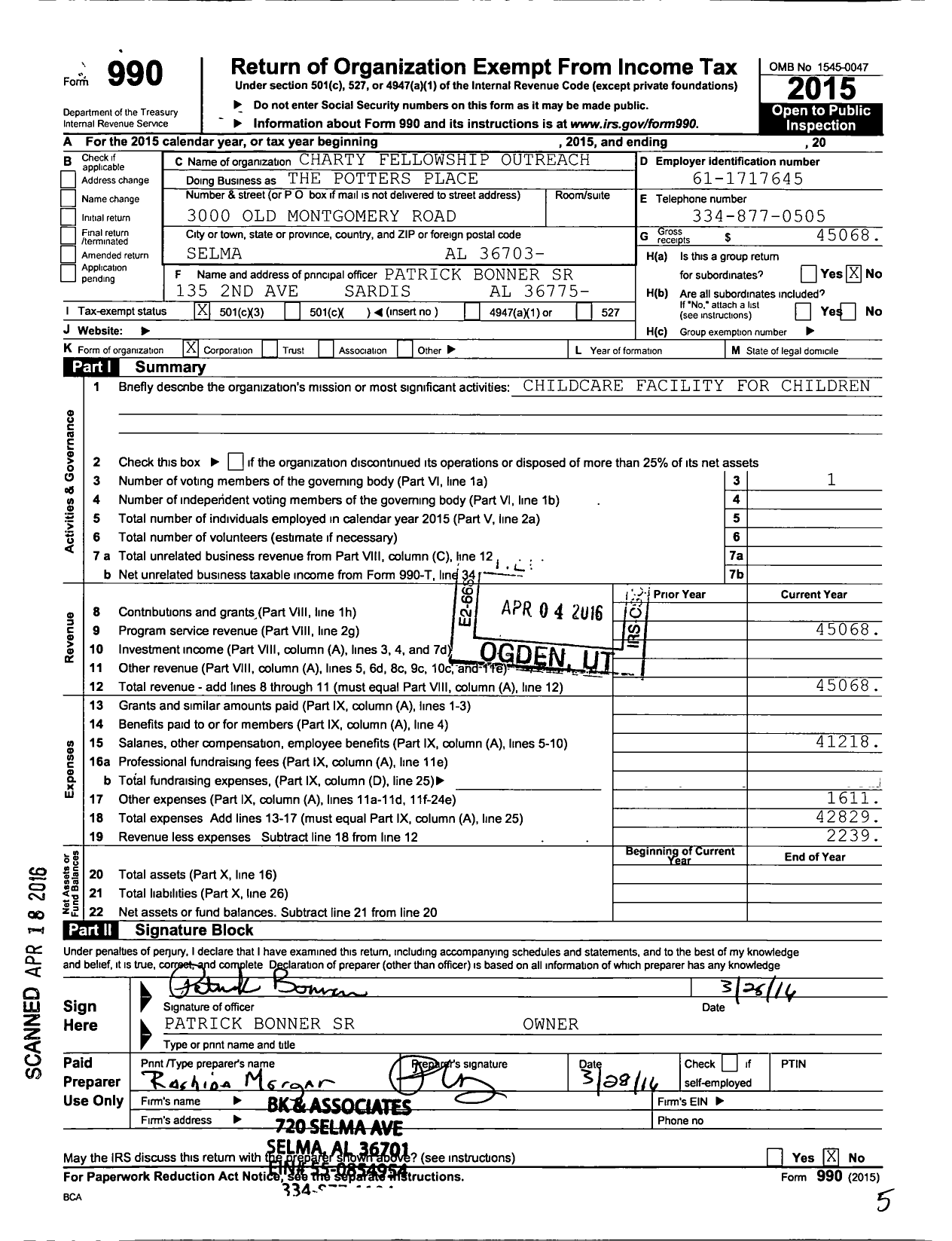 Image of first page of 2015 Form 990 for Charity Fellowship Outreach Patrick Bonner