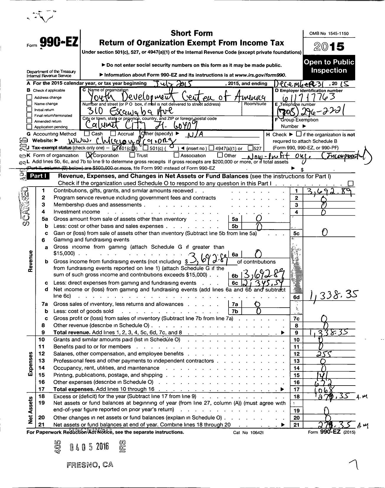 Image of first page of 2015 Form 990EZ for Youth Development Center of America