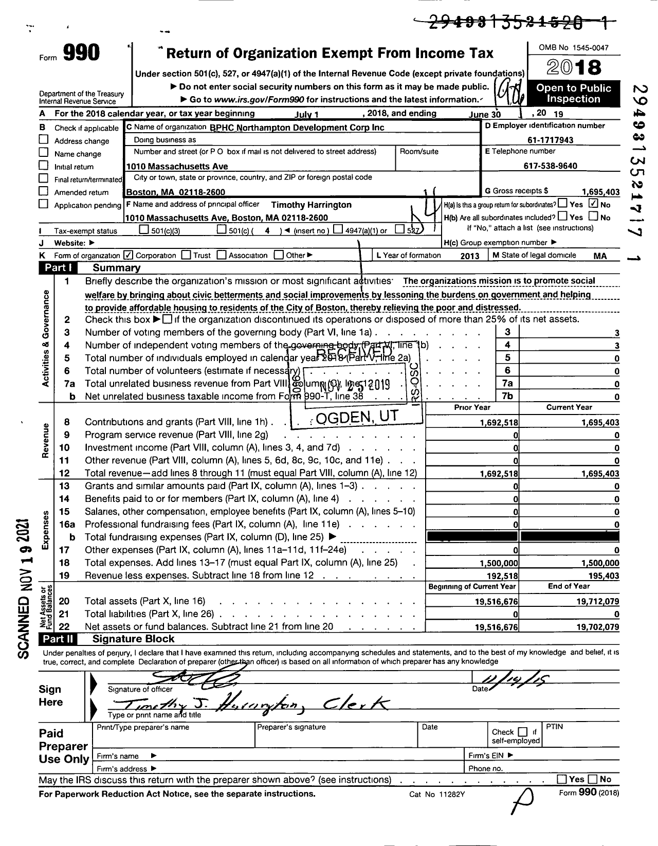 Image of first page of 2018 Form 990O for BPHC Northampton Development Corporation