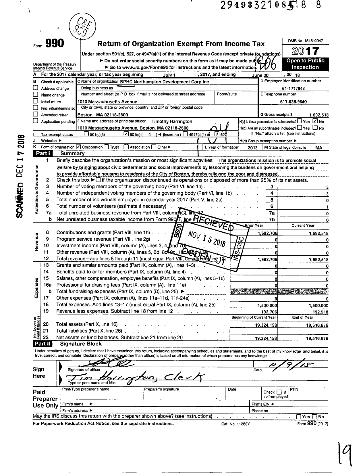 Image of first page of 2017 Form 990O for BPHC Northampton Development Corporation