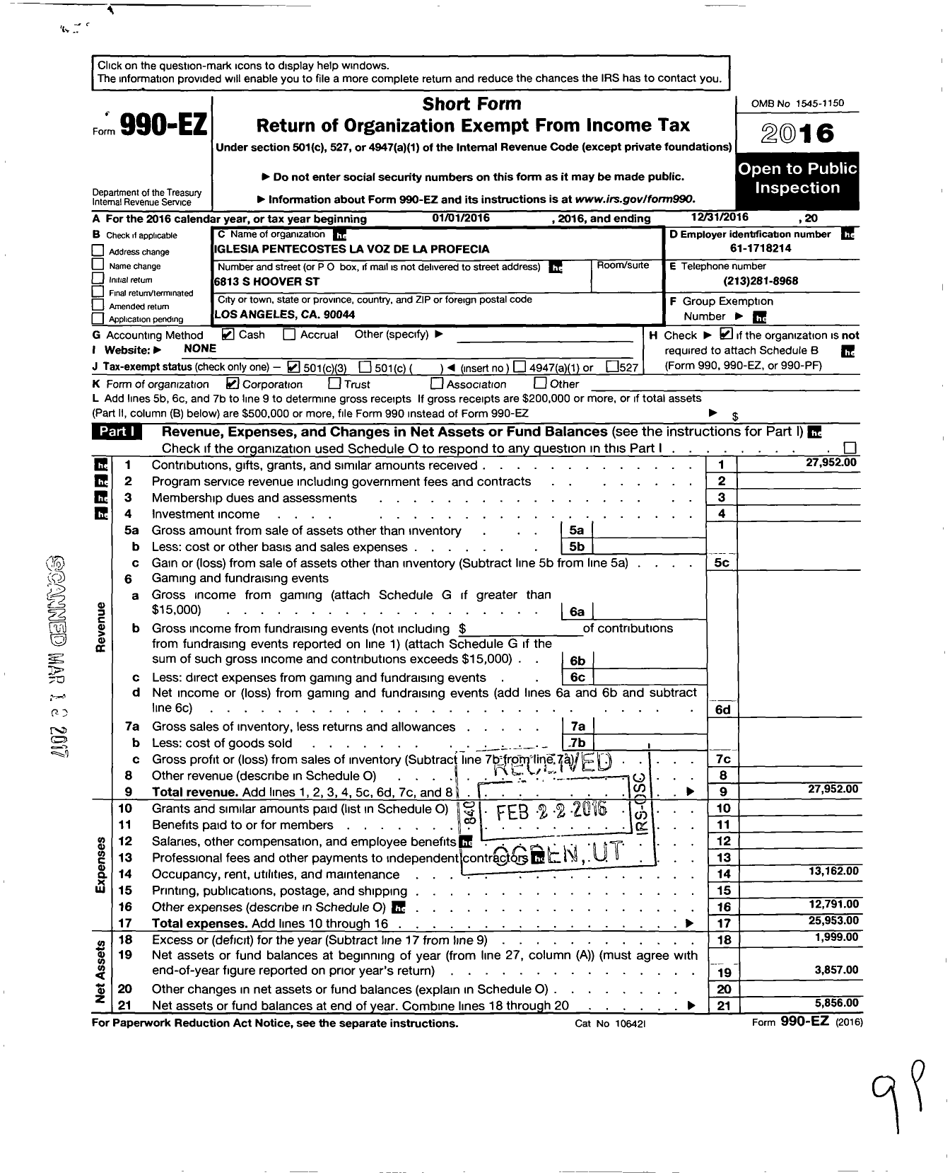 Image of first page of 2016 Form 990EZ for Iglesia Pentecostes Jardin de La Profecia