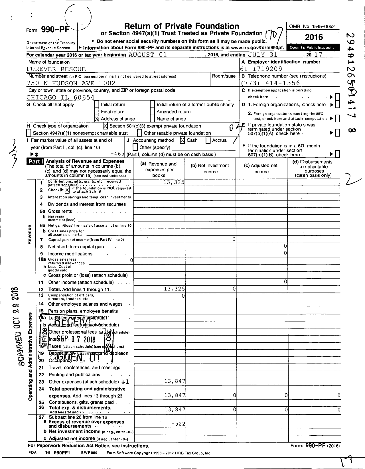 Image of first page of 2016 Form 990PF for Furever Rescue