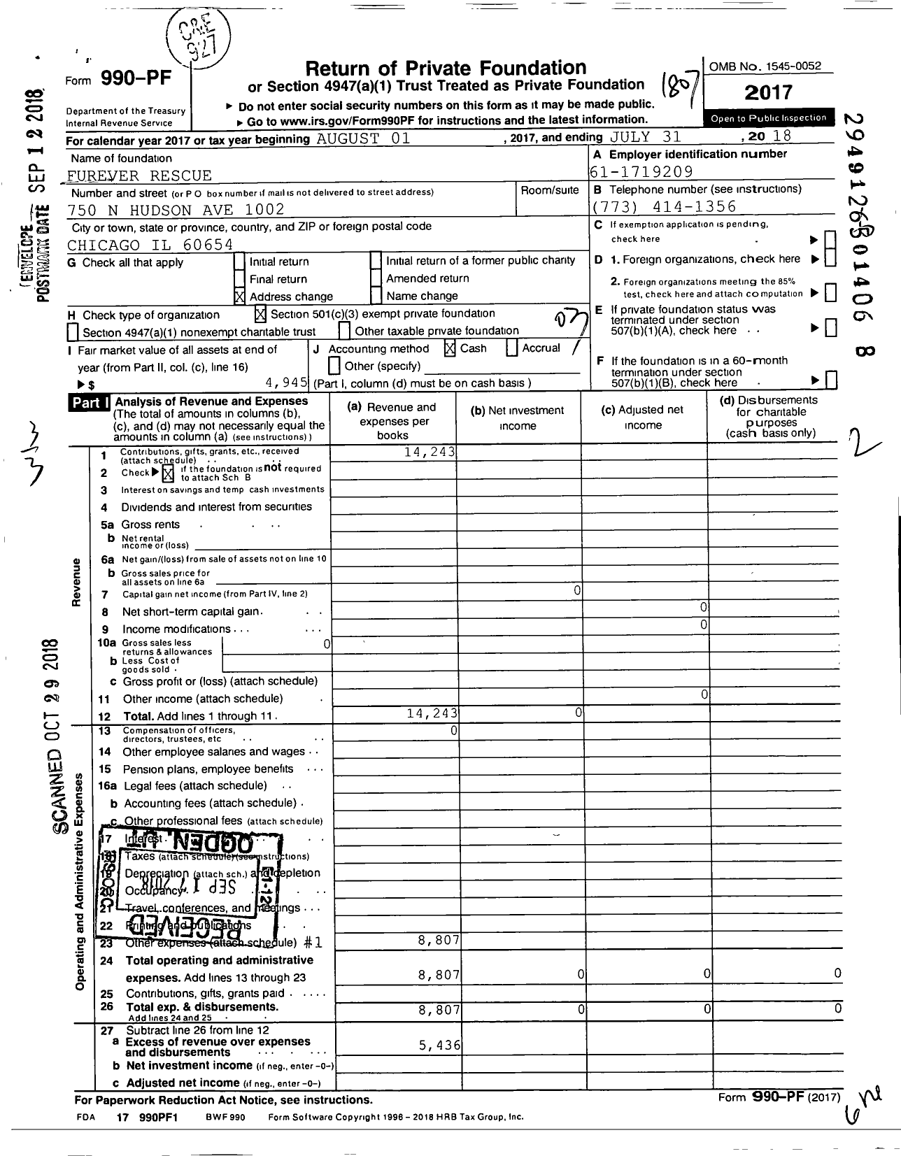 Image of first page of 2017 Form 990PF for Furever Rescue