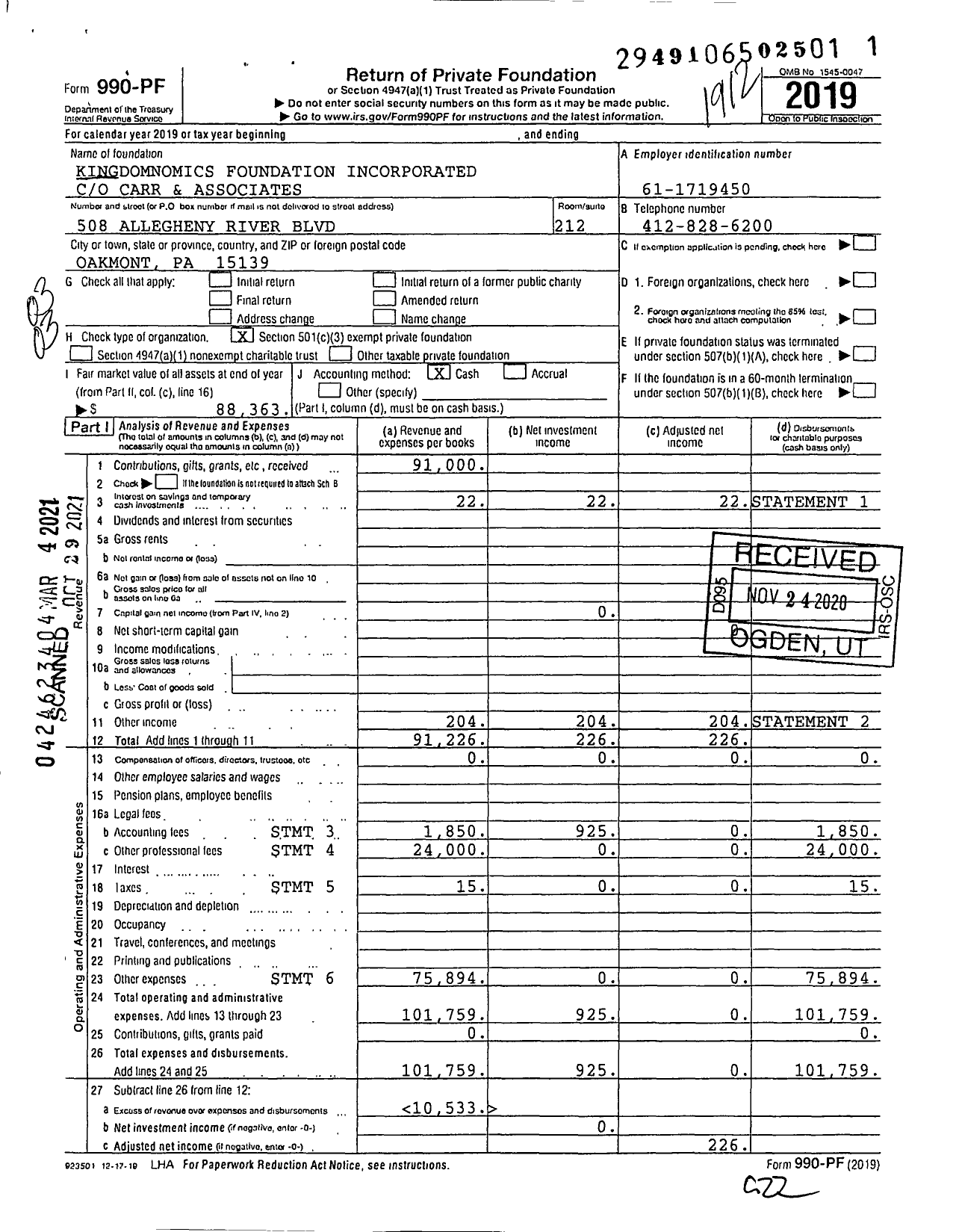 Image of first page of 2019 Form 990PF for Kingdomnomics Foundation Incorporated