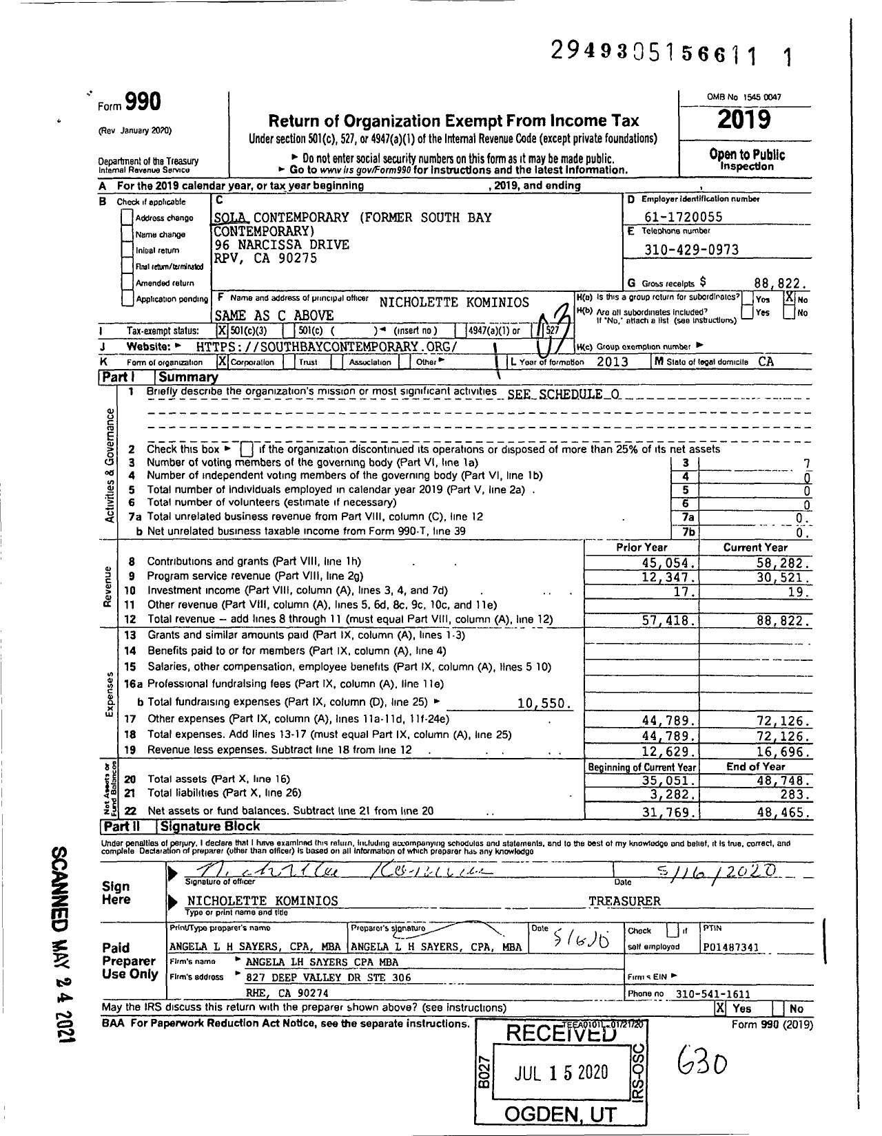 Image of first page of 2019 Form 990 for SoLA Contemporary