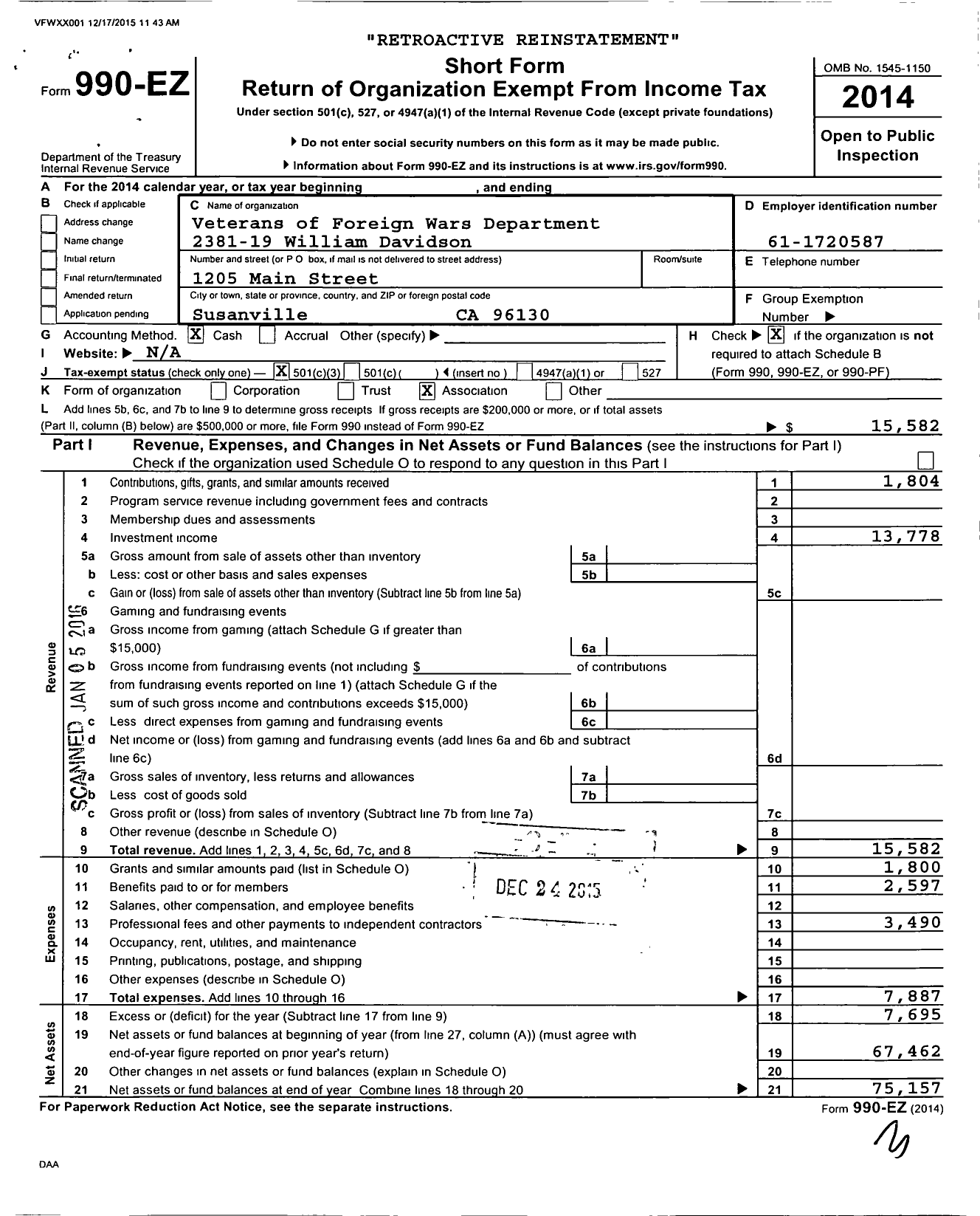 Image of first page of 2014 Form 990EZ for Veterans of Foreign Wars Department 2381-19 William Davidson