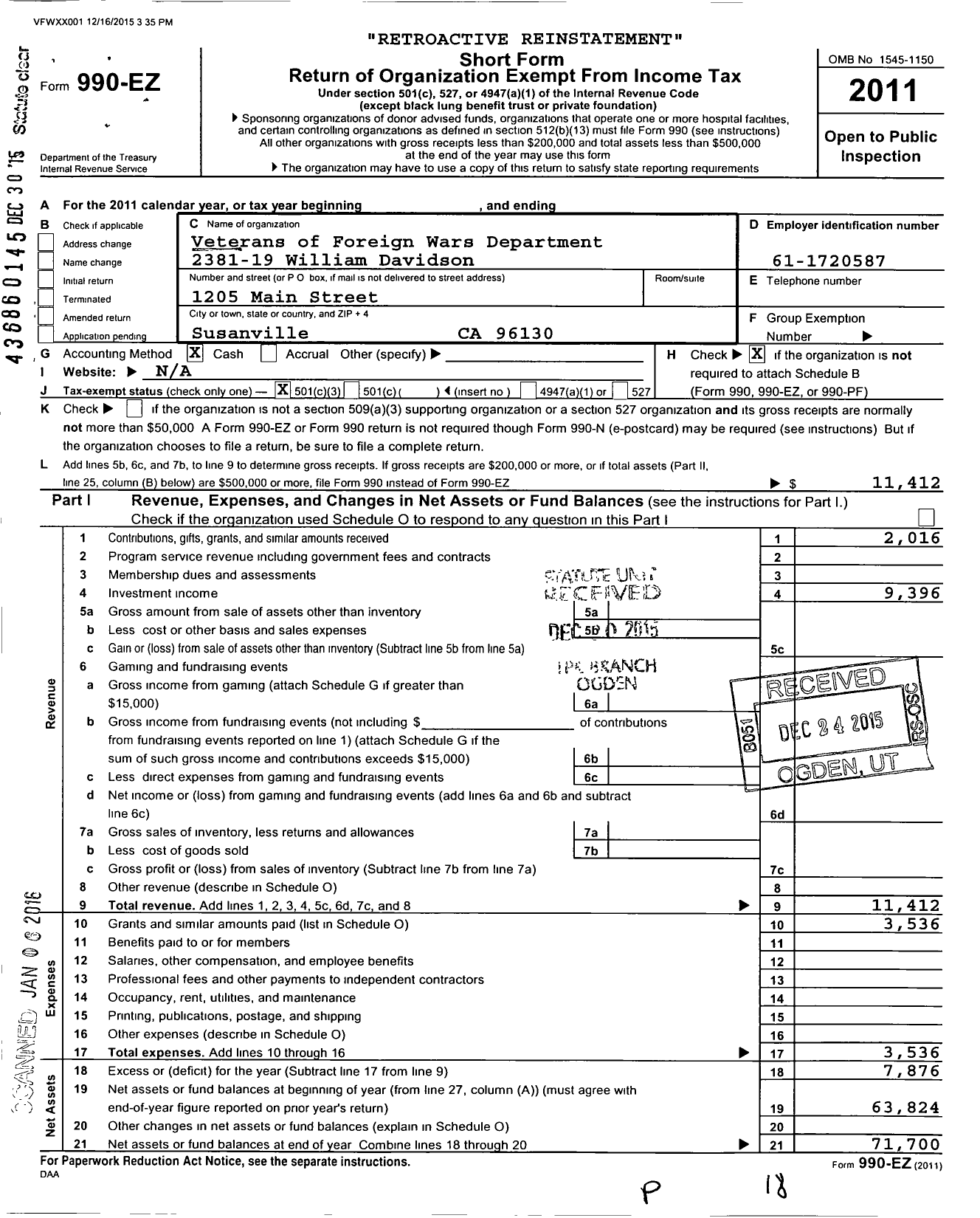 Image of first page of 2011 Form 990EZ for Veterans of Foreign Wars Department 2381-19 William Davidson