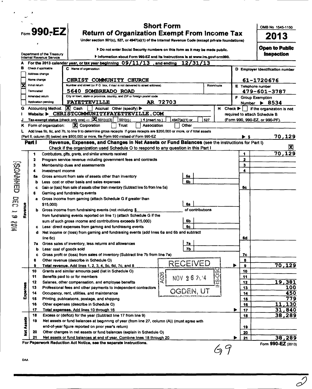 Image of first page of 2013 Form 990EZ for Christ Community Church