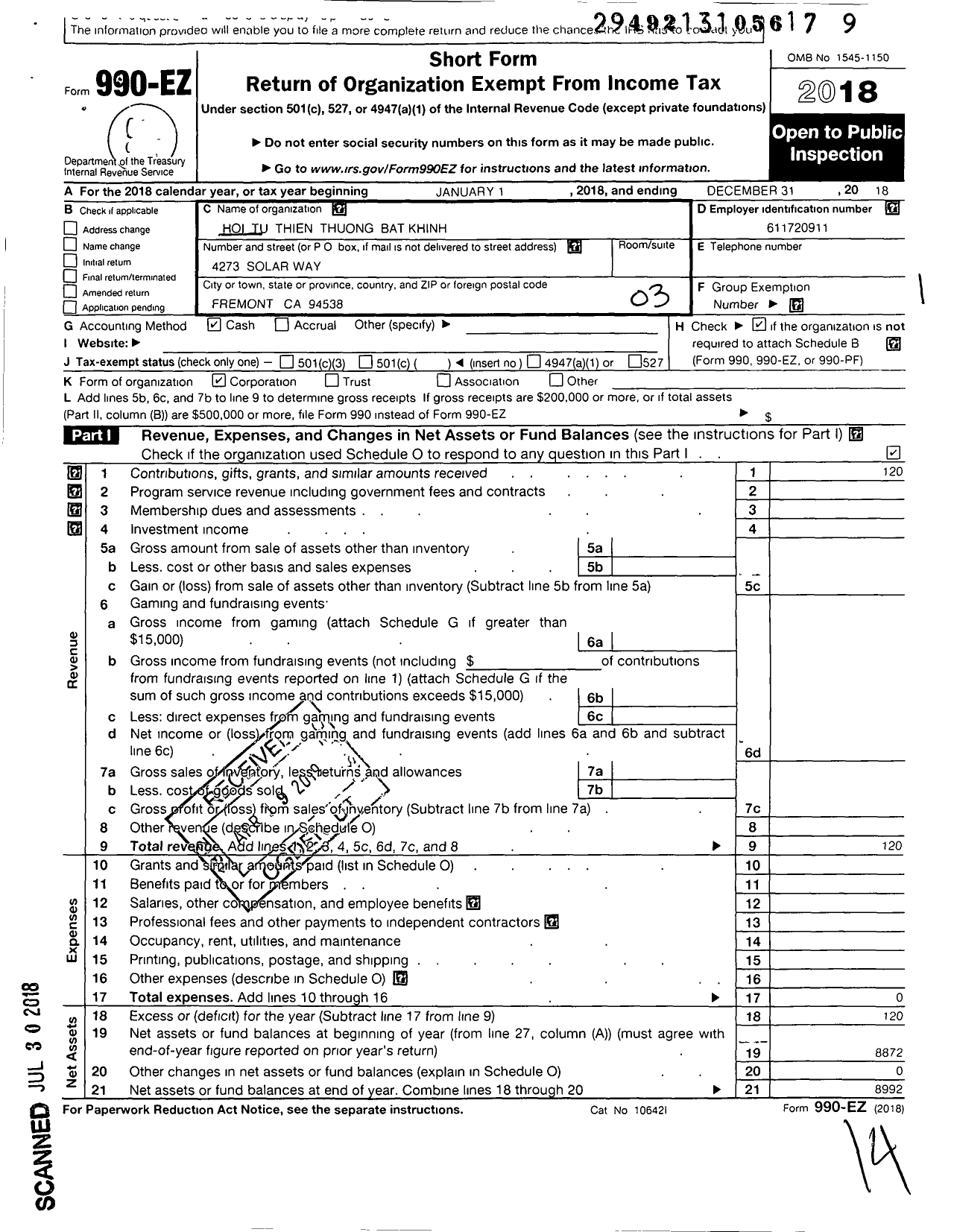 Image of first page of 2018 Form 990EZ for Hoi Tu Thien Thuong Bat Khinh