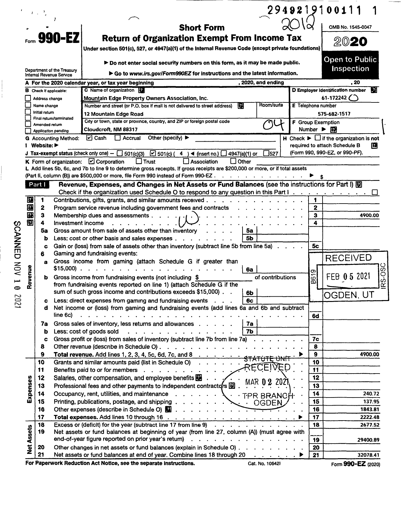 Image of first page of 2020 Form 990EO for Mountain Edge Property Owners Association