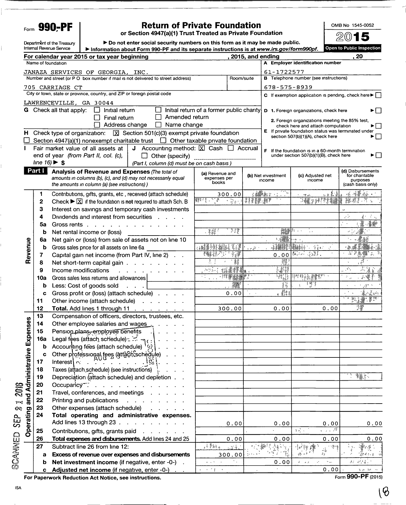 Image of first page of 2015 Form 990PF for Janaza Services of Georgia