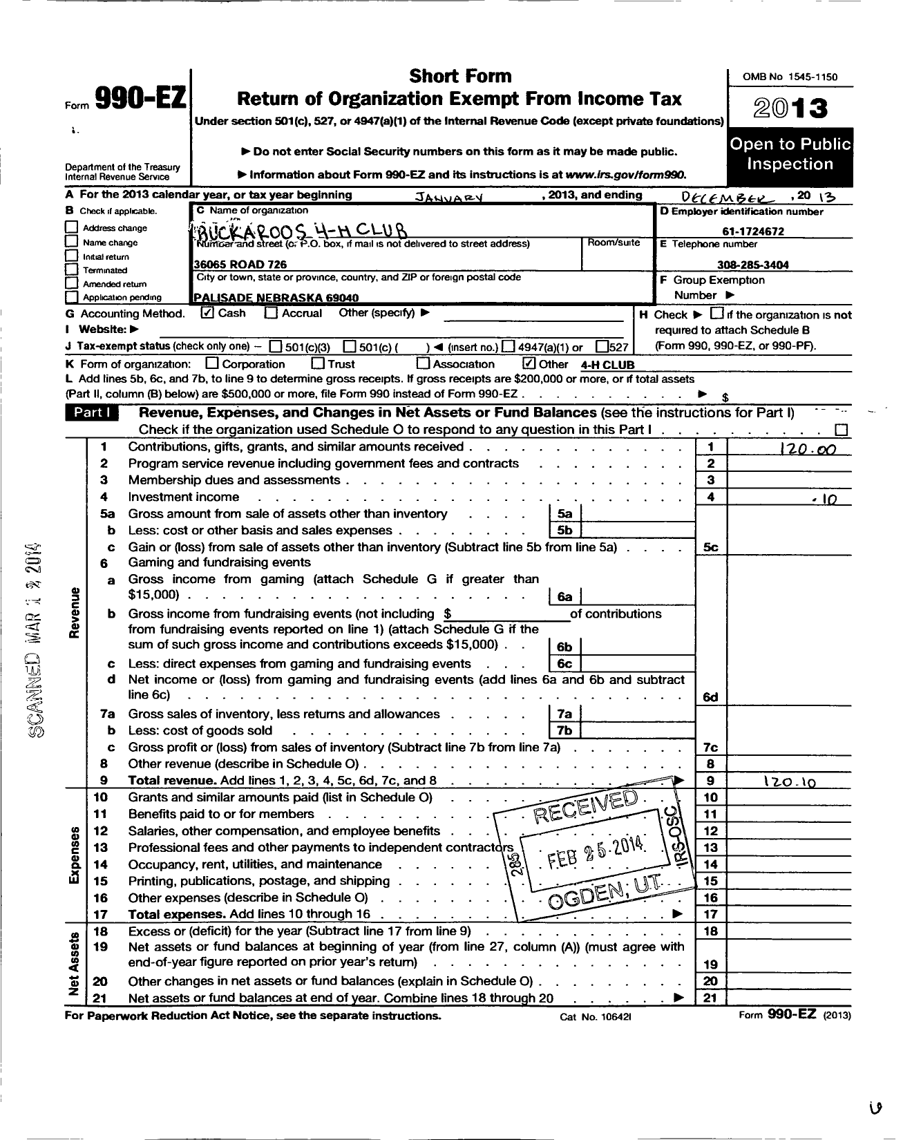 Image of first page of 2013 Form 990EO for Nebraska 4-H Foundation