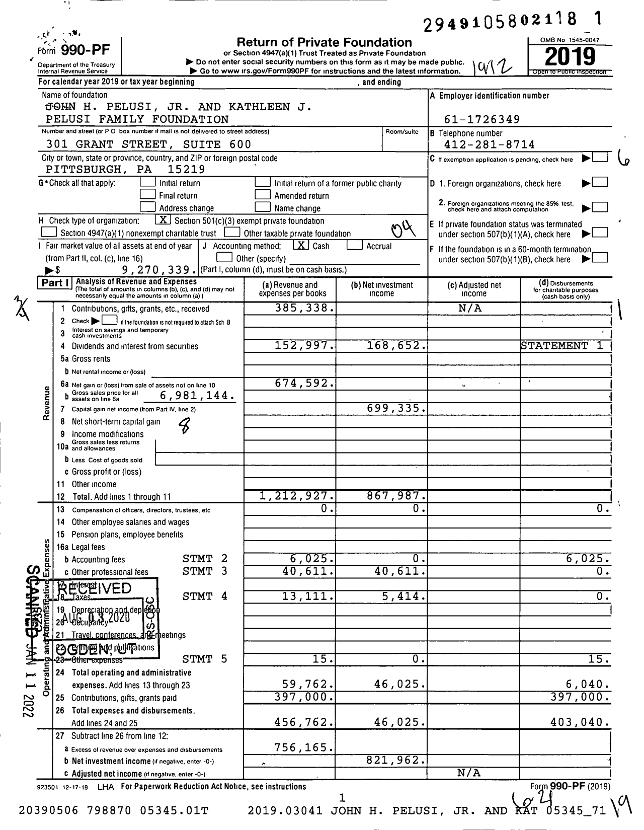 Image of first page of 2019 Form 990PF for John H Pelusi JR and Kathleen J Pelusi Family Foundation