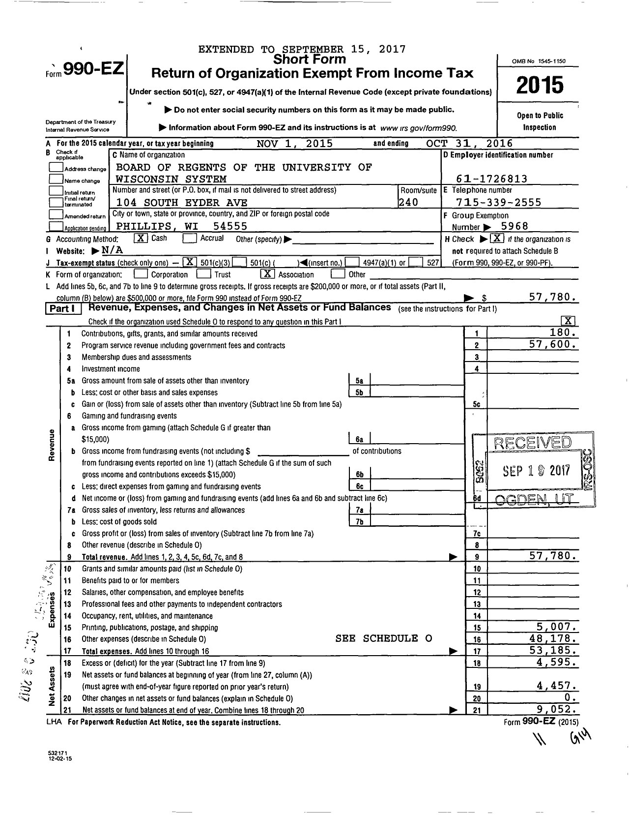 Image of first page of 2015 Form 990EZ for Board of Regents of the University of Wisconsin System / Northwest Region 4-H American Spiri