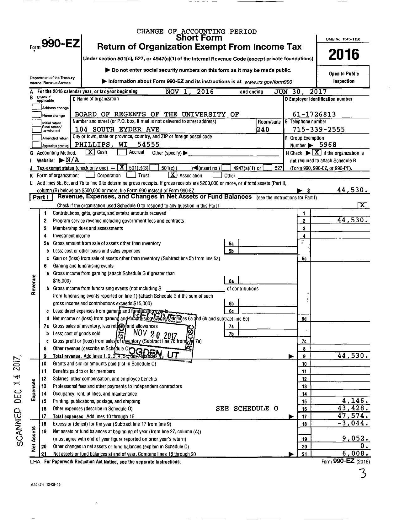 Image of first page of 2016 Form 990EZ for Board of Regents of the University of Wisconsin System / Northwest Region 4-H American Spiri