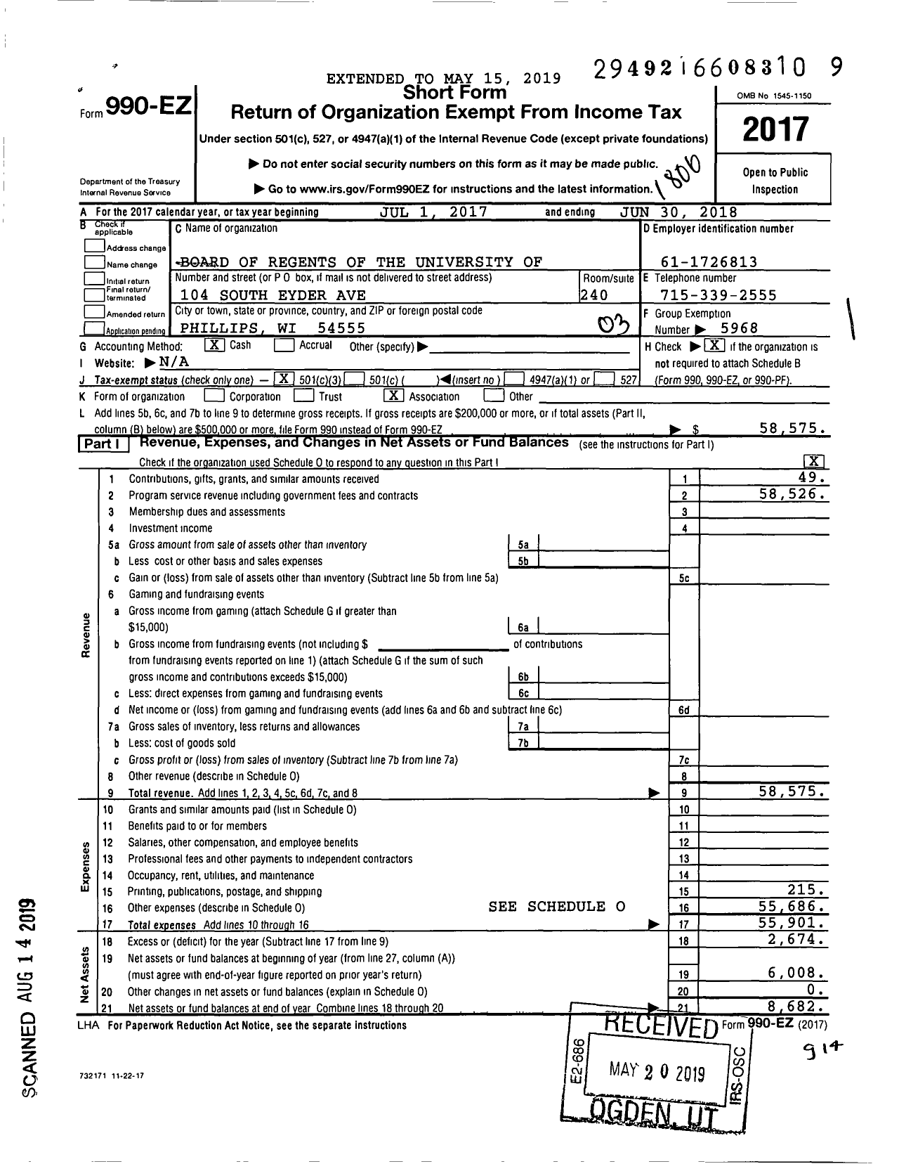 Image of first page of 2017 Form 990EZ for Board of Regents of the University of Wisconsin System / Northwest Region 4-H American Spiri