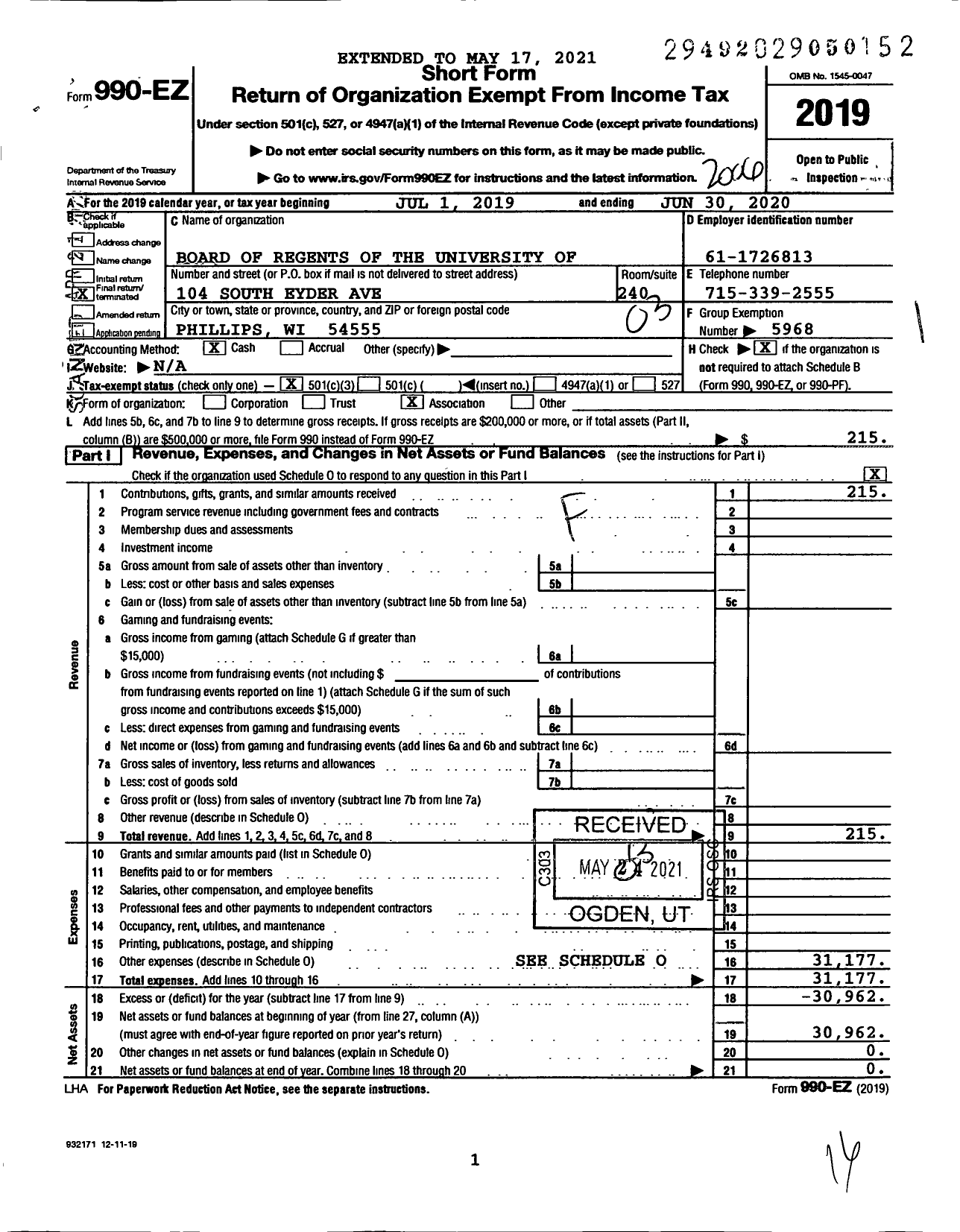 Image of first page of 2019 Form 990EZ for Board of Regents of the University of Wisconsin System / Northwest Region 4-H American Spiri