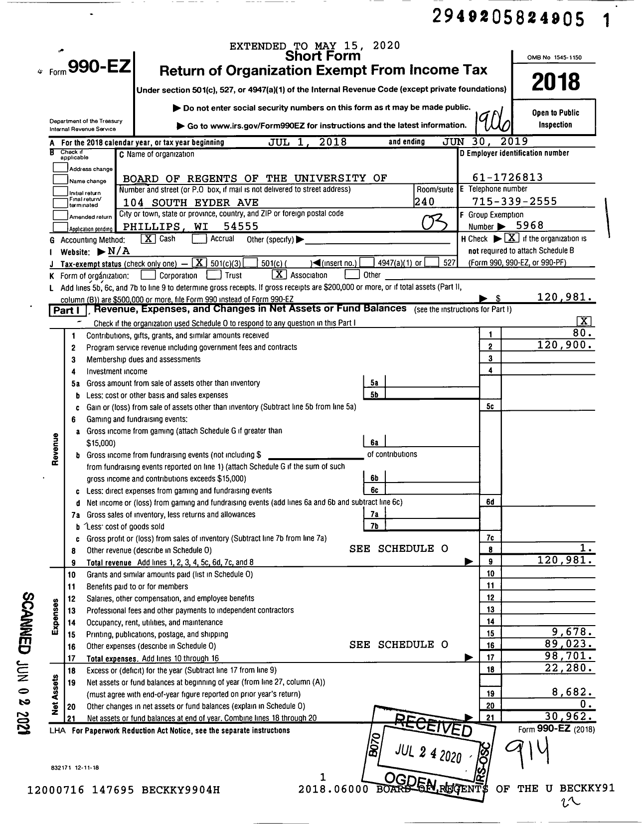 Image of first page of 2018 Form 990EZ for Board of Regents of the University of Wisconsin System / Northwest Region 4-H American Spiri