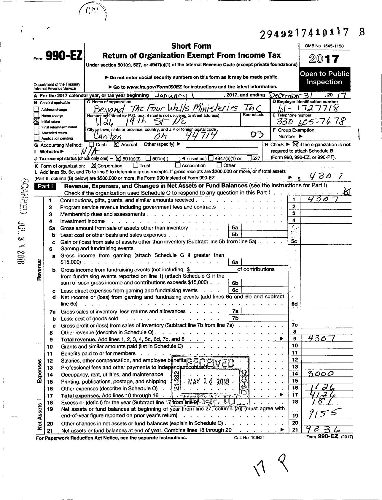 Image of first page of 2017 Form 990EZ for Beyond the Four Walls Ministries